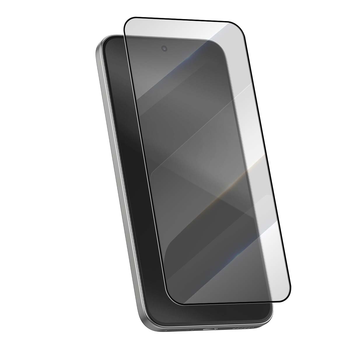 Uno smartphone argentato con una protezione schermo trasparente sopra.