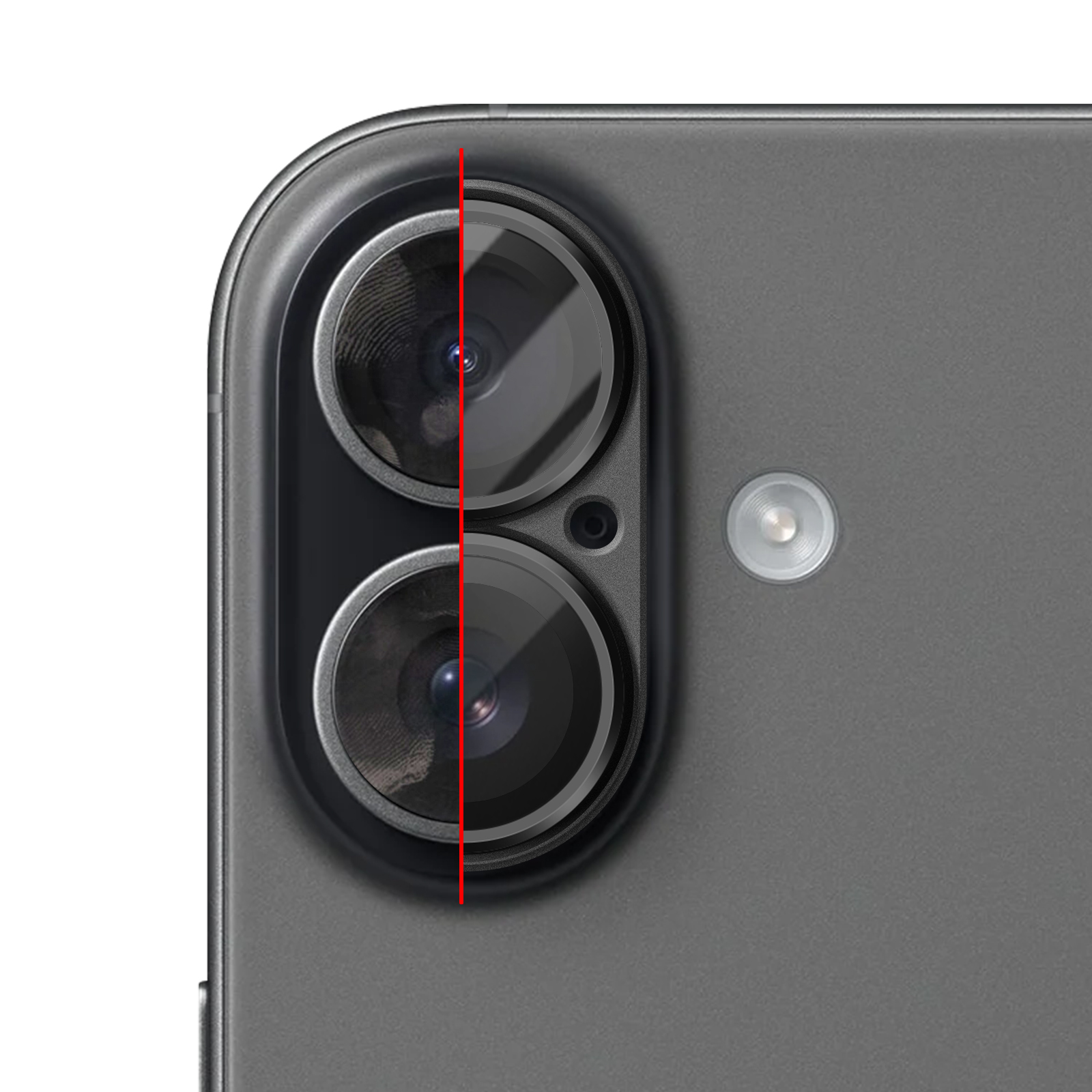 Gros plan de la caméra arrière d'un smartphone avec ligne rouge.