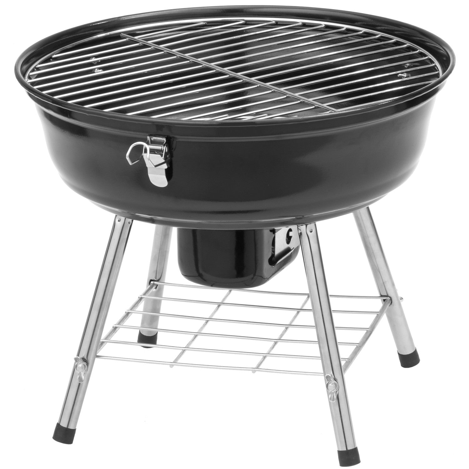 Een zwarte ketelgrill met chromen poten en een plank.