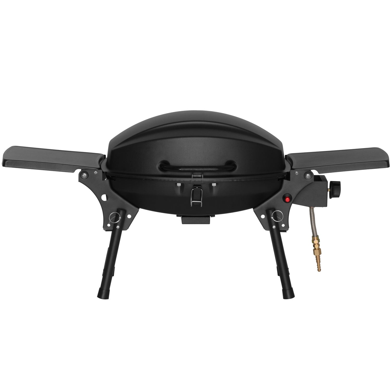 Zwarte draagbare gasgrill met uitklapbare zijplanken en gasaansluiting.