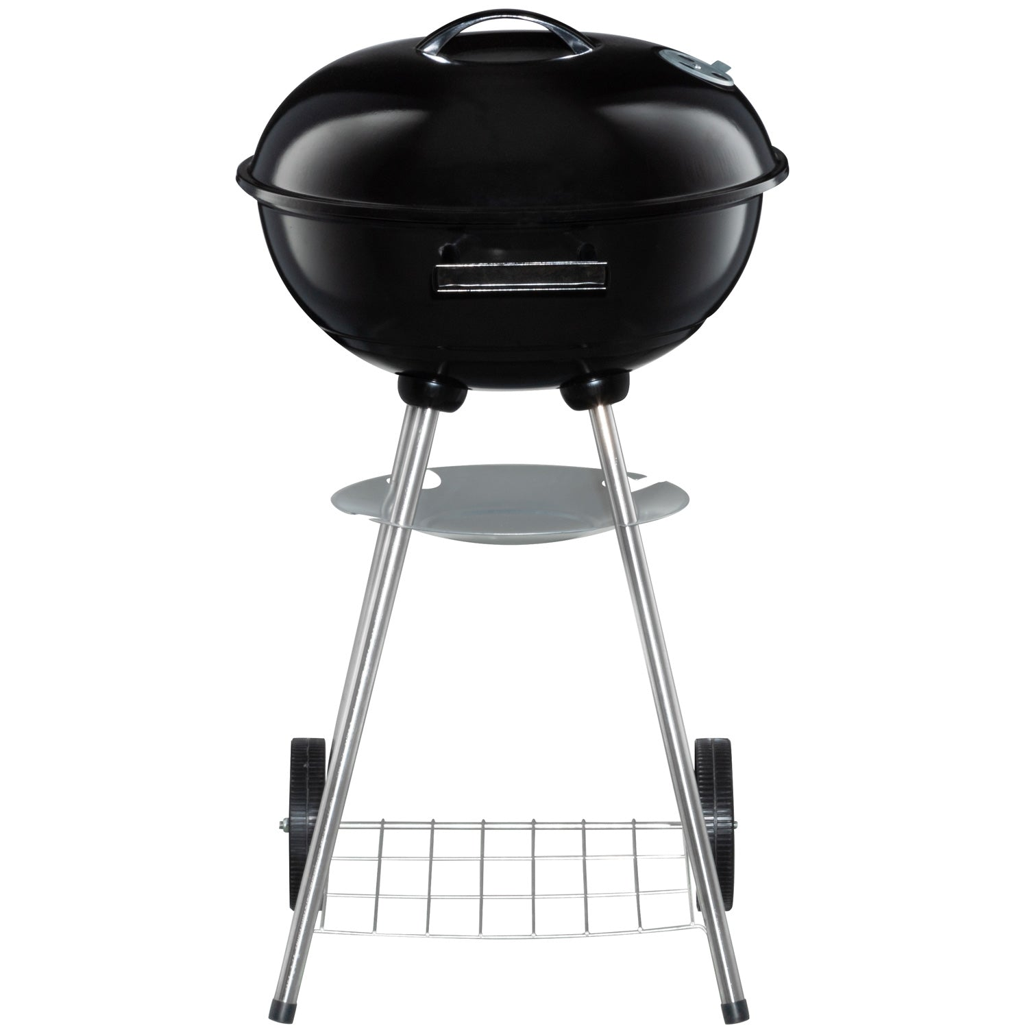 Zwarte ketelgrill op wielen met zilveren poten en een plank.