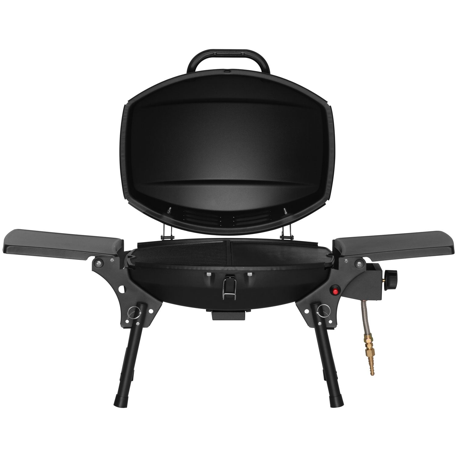 Een open, zwarte draagbare grill met twee uitklapbare zijplanken en gasaansluiting.