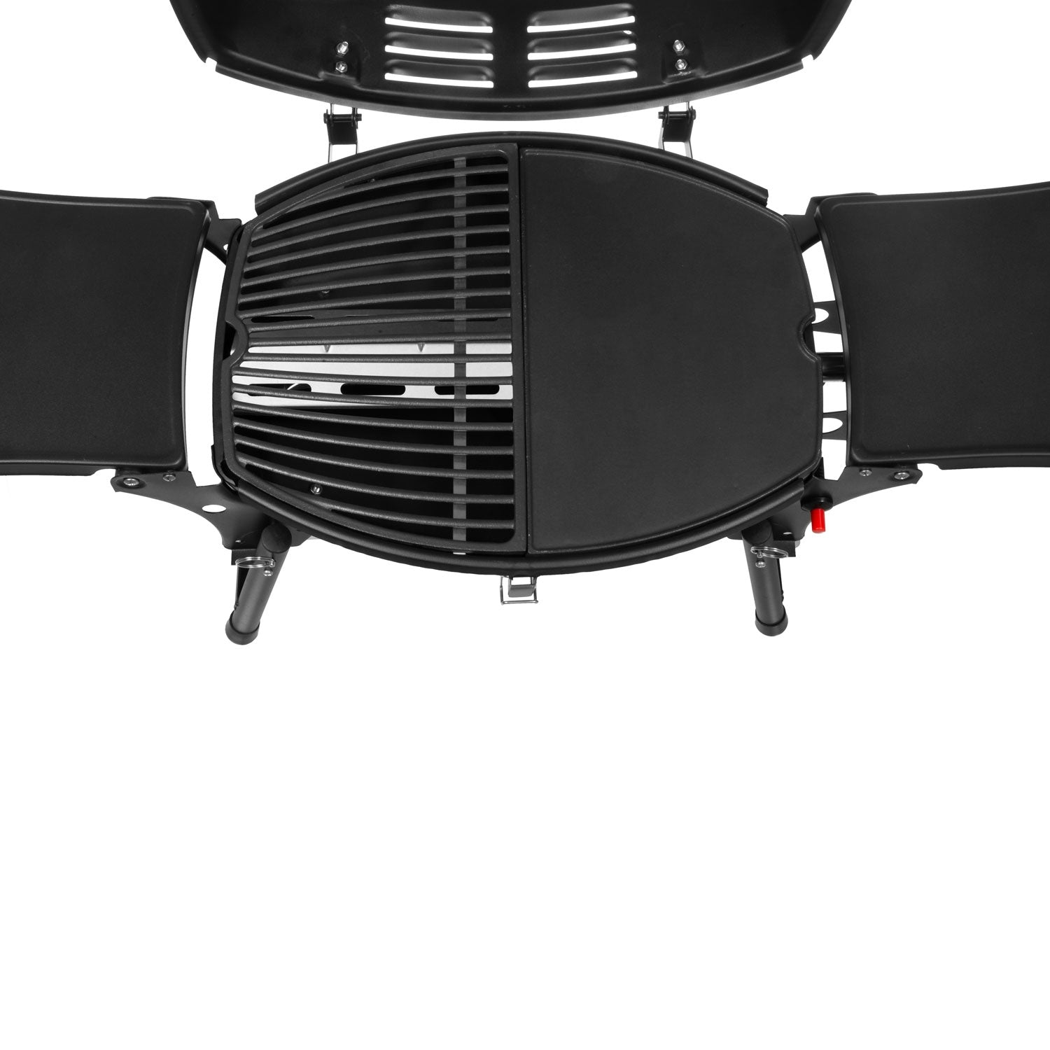 Een zwarte grill met de deksel open en de zijplanken uitgeschoven.