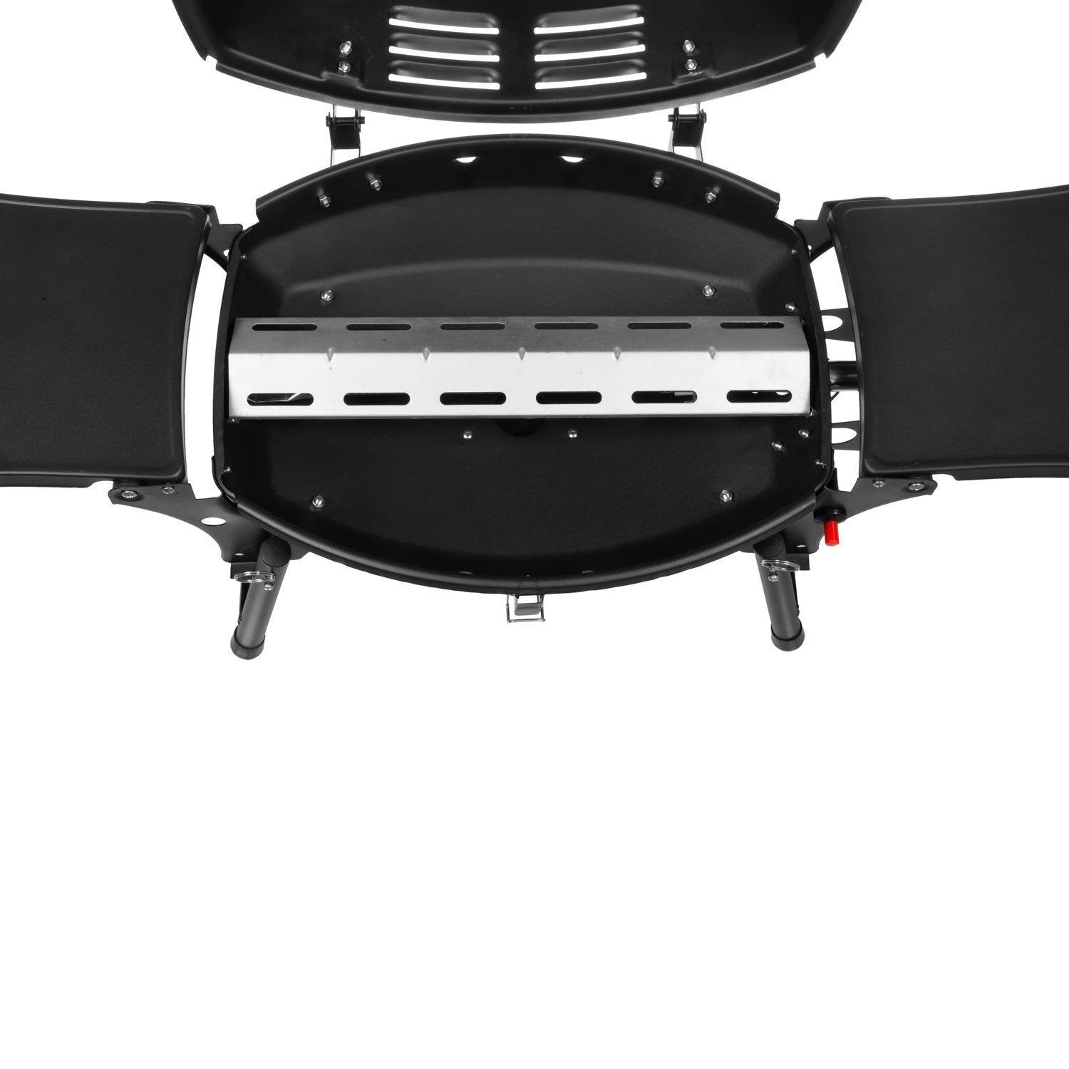 Een open zwarte grill met uitklapbare zijplanken en een metalen branderafdekking.