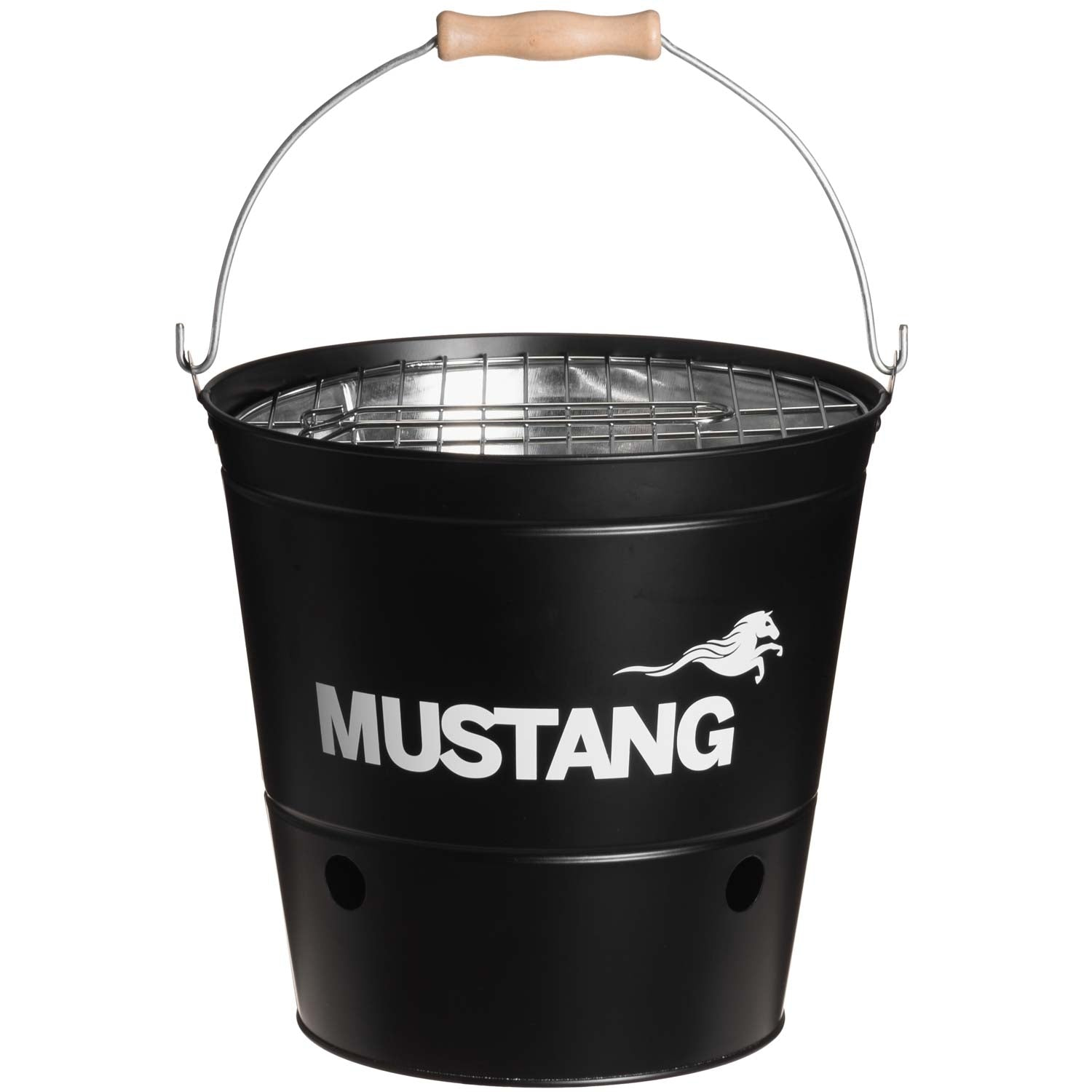 Zwarte Mustang grillemmer met houten handvat en zilveren rooster.