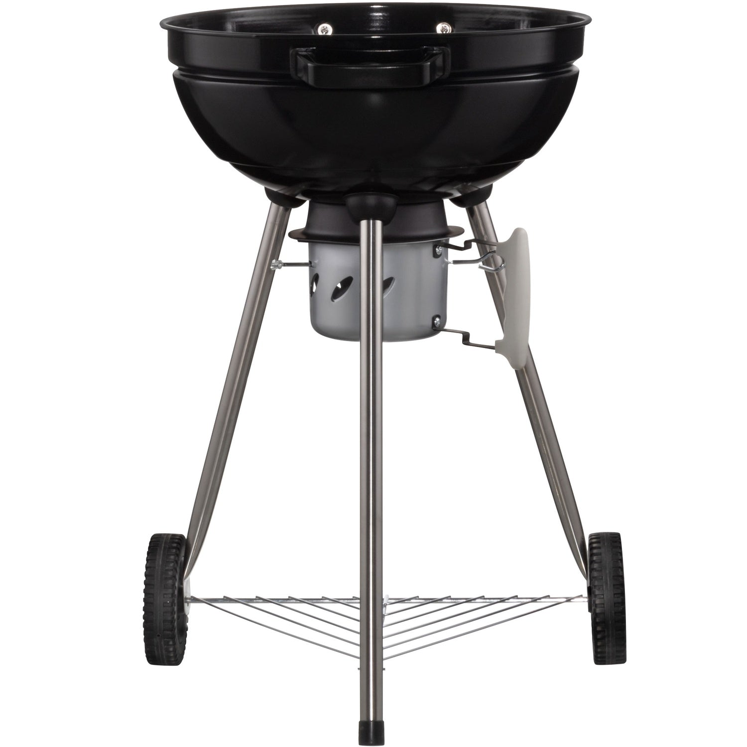A black kettle grill with metal legs and wheels stands on a white background.