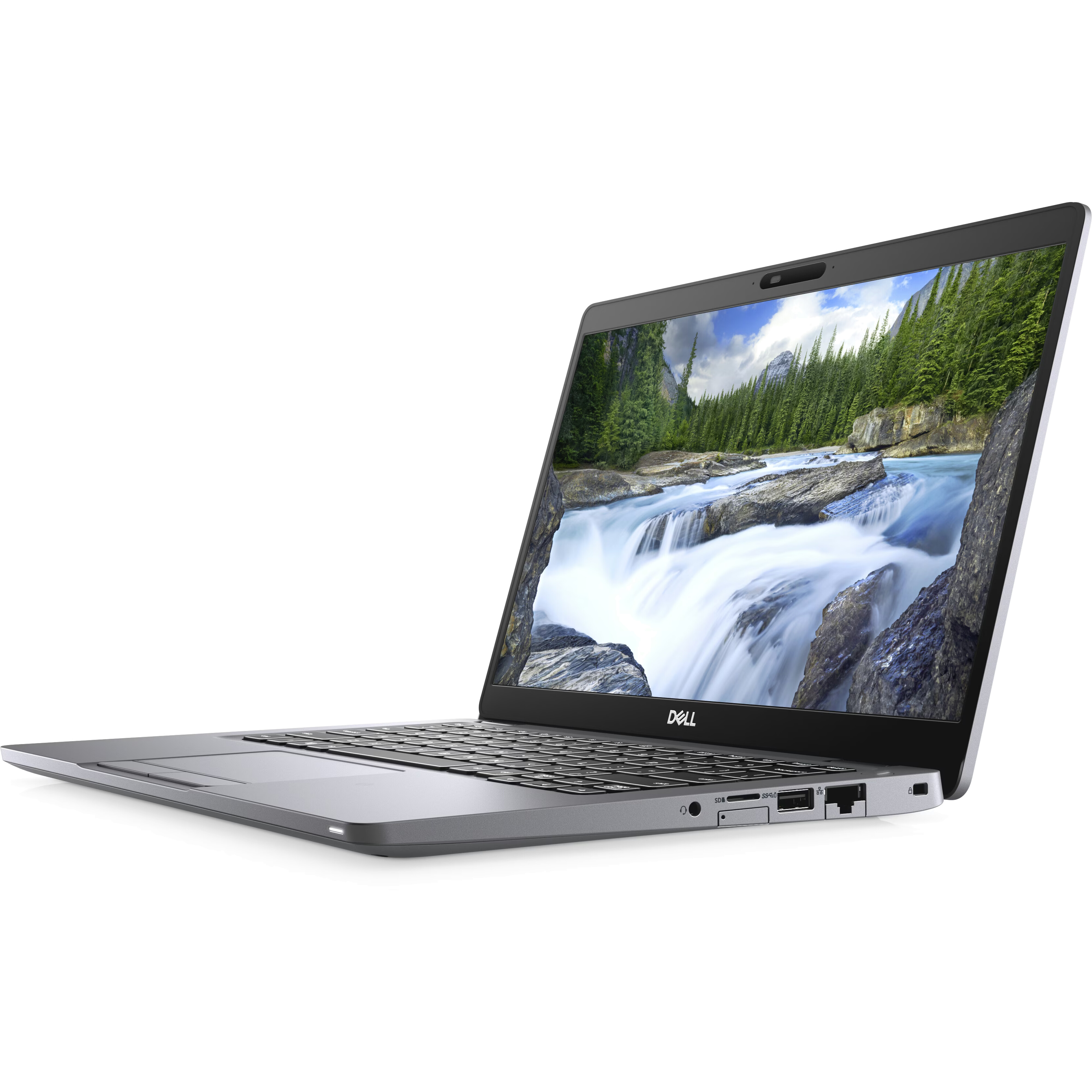 A silver Dell laptop displaying a waterfall in a forest.