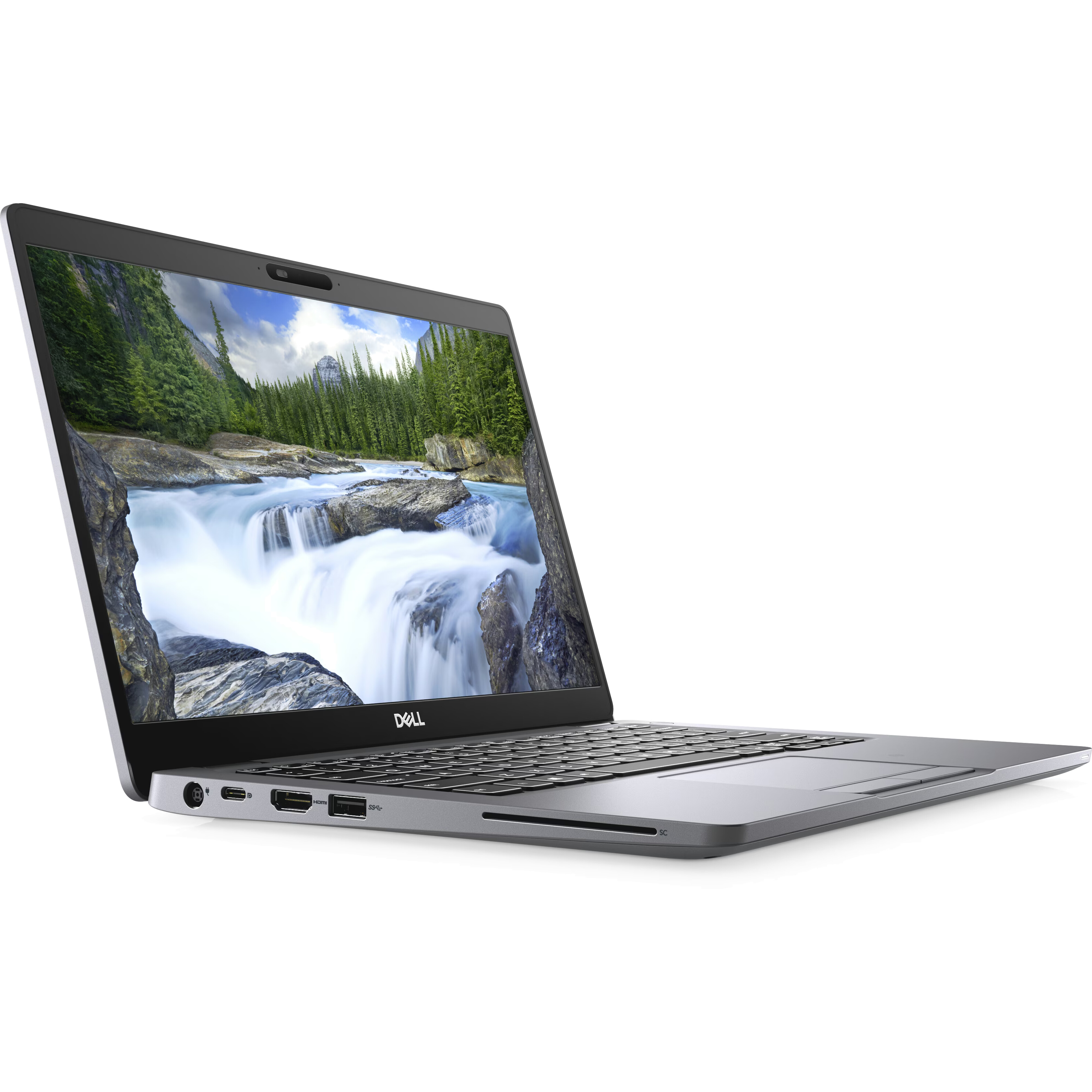 An open laptop displaying a waterfall scene on its screen.