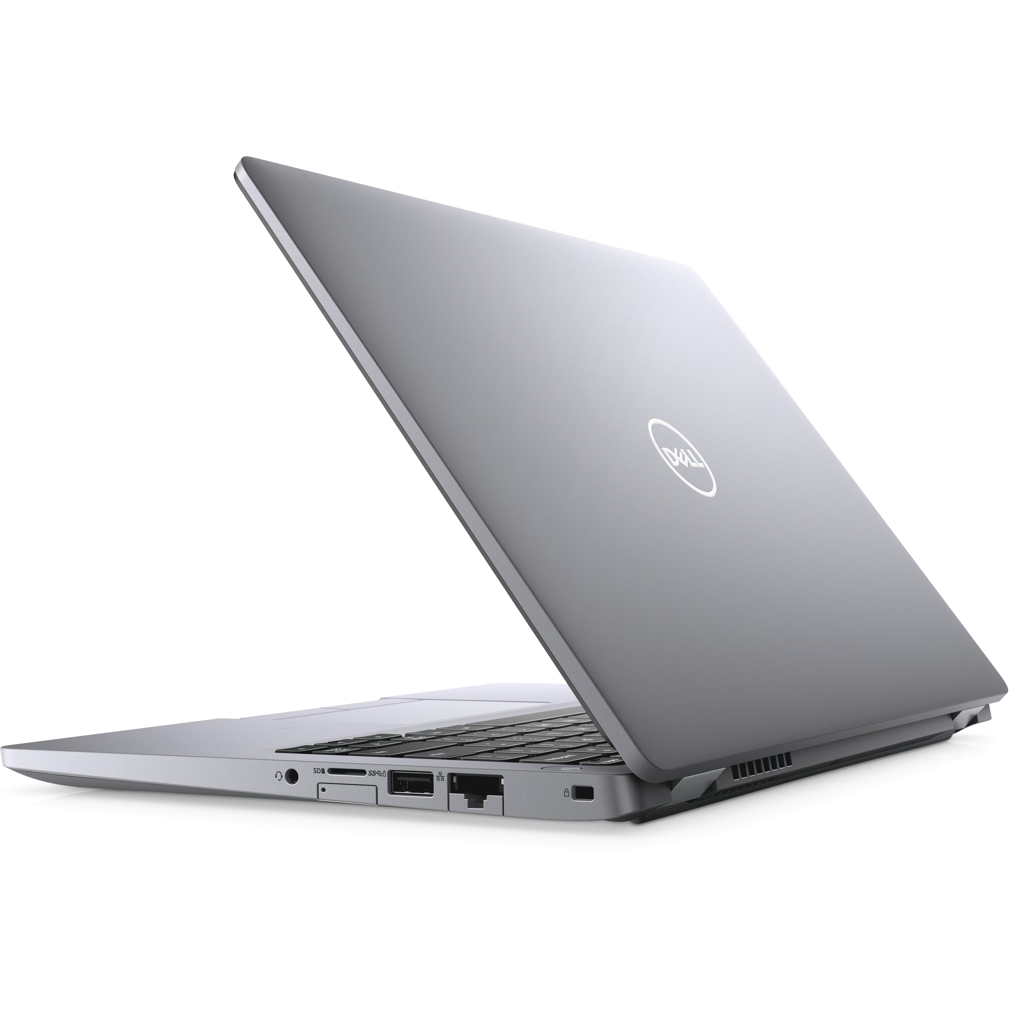 A silver Dell laptop is open, shown from the side. The lid is raised.