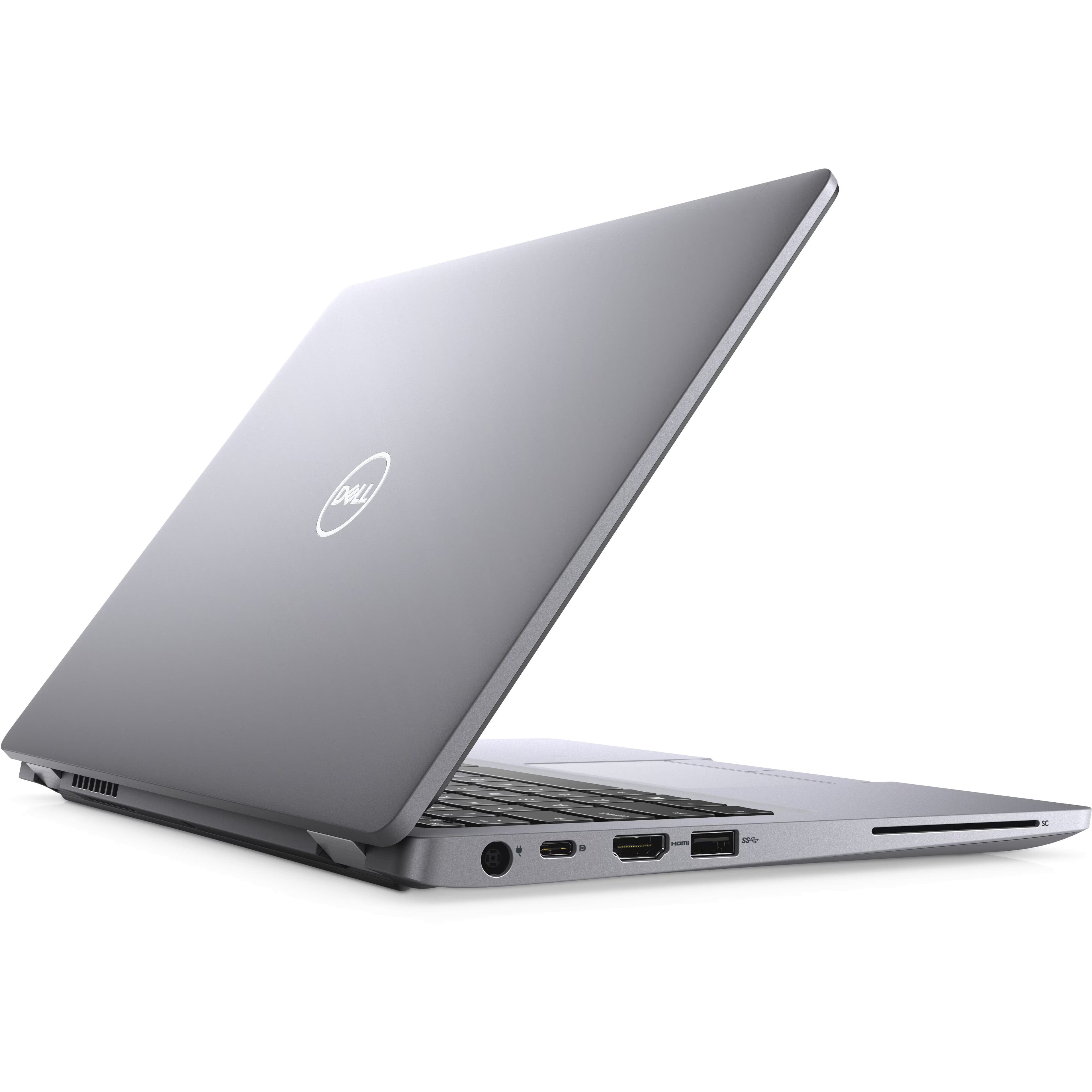 A silver Dell laptop is open, showing its keyboard and ports.