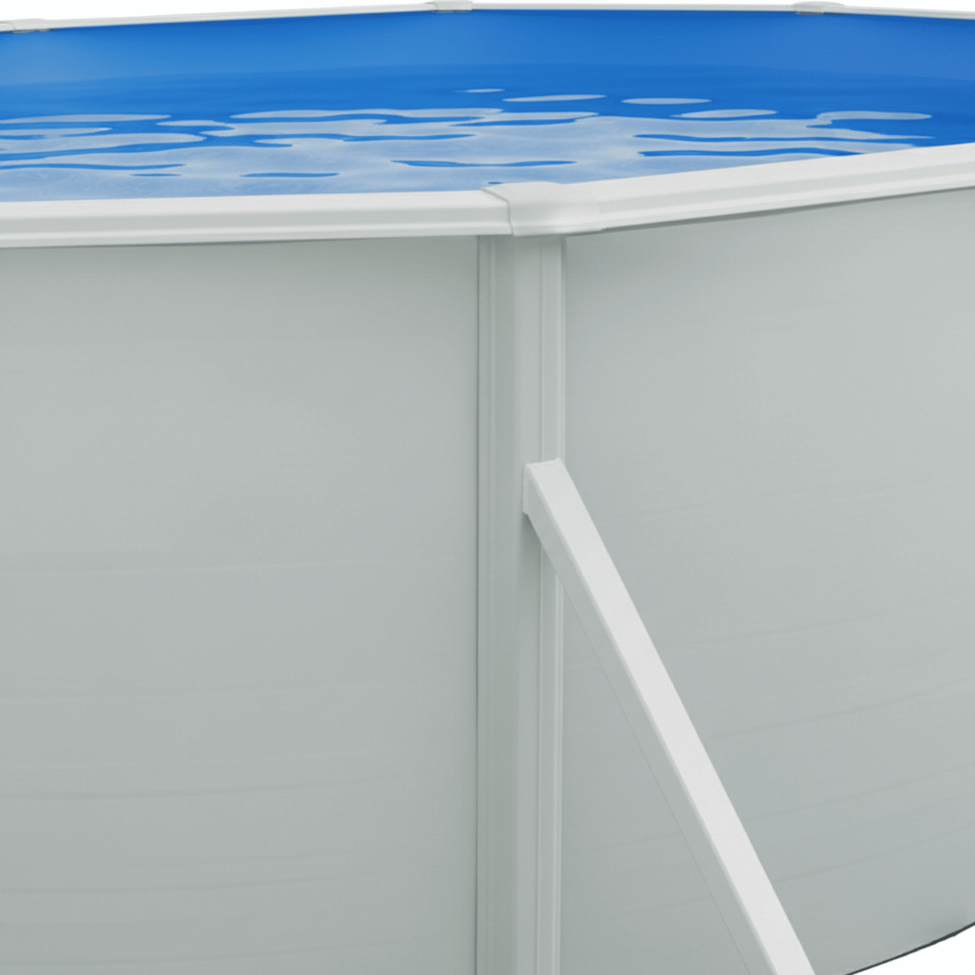 Primer plano de una piscina de marco blanco con agua azul, mostrando ondas y la estructura de soporte blanca.