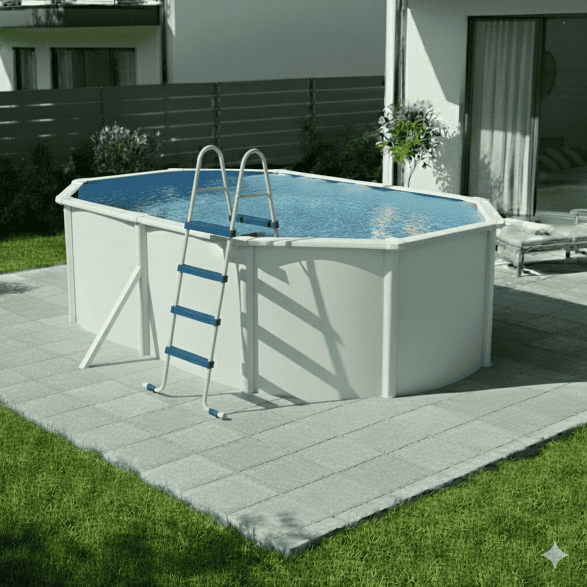 Una piscina rectangular con escalera se alza sobre un patio pavimentado junto a césped.