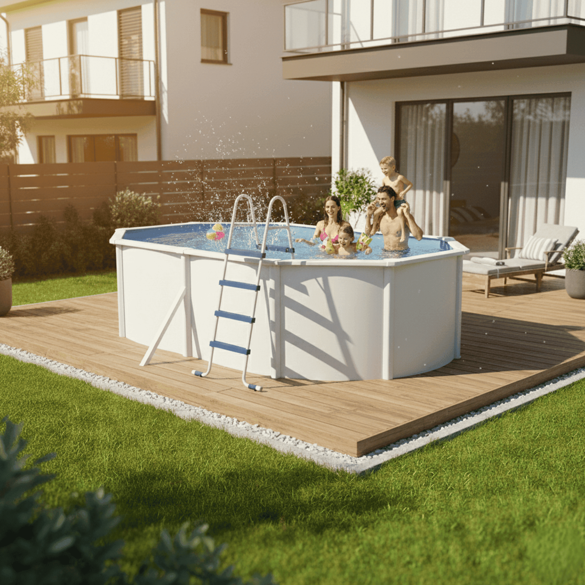 Una familia disfruta de una piscina en el patio trasero sobre una terraza de madera.