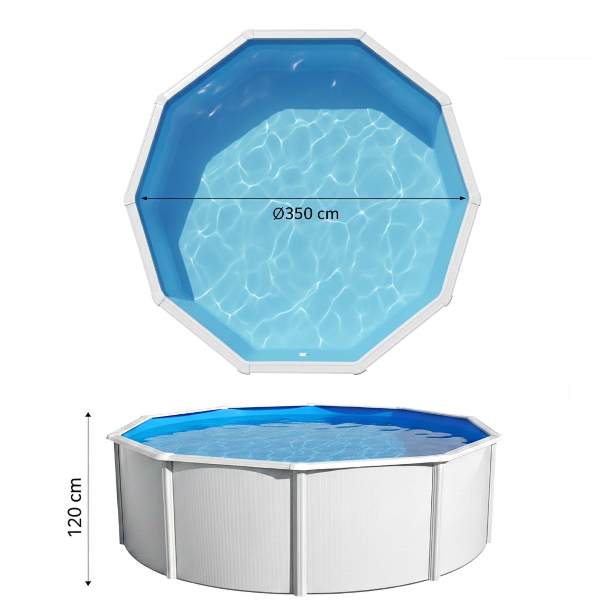 Piscina octogonal con marco blanco y agua azul, 350 cm de diámetro.