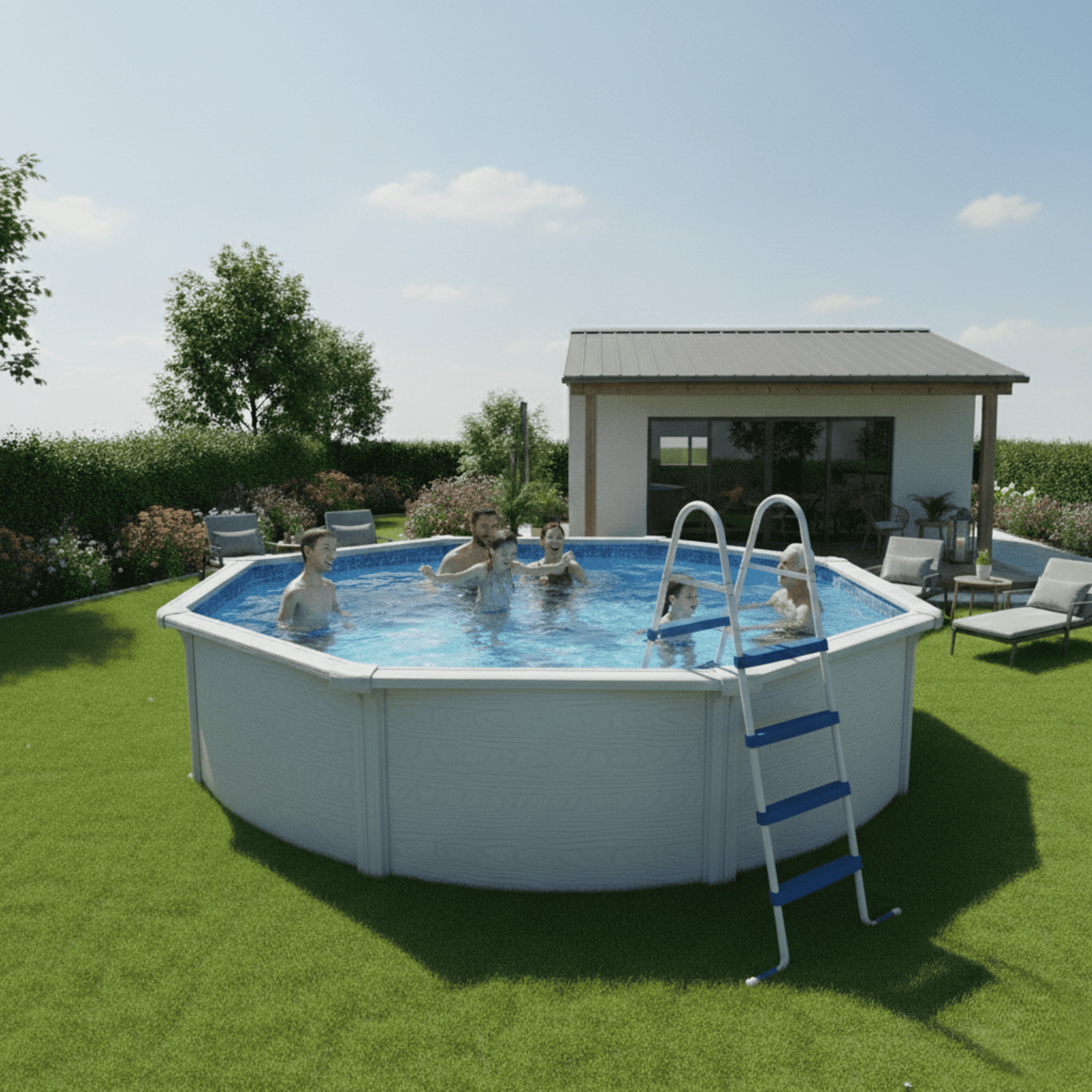 Familia chapotea en piscina octogonal en jardín junto a una casa pequeña.