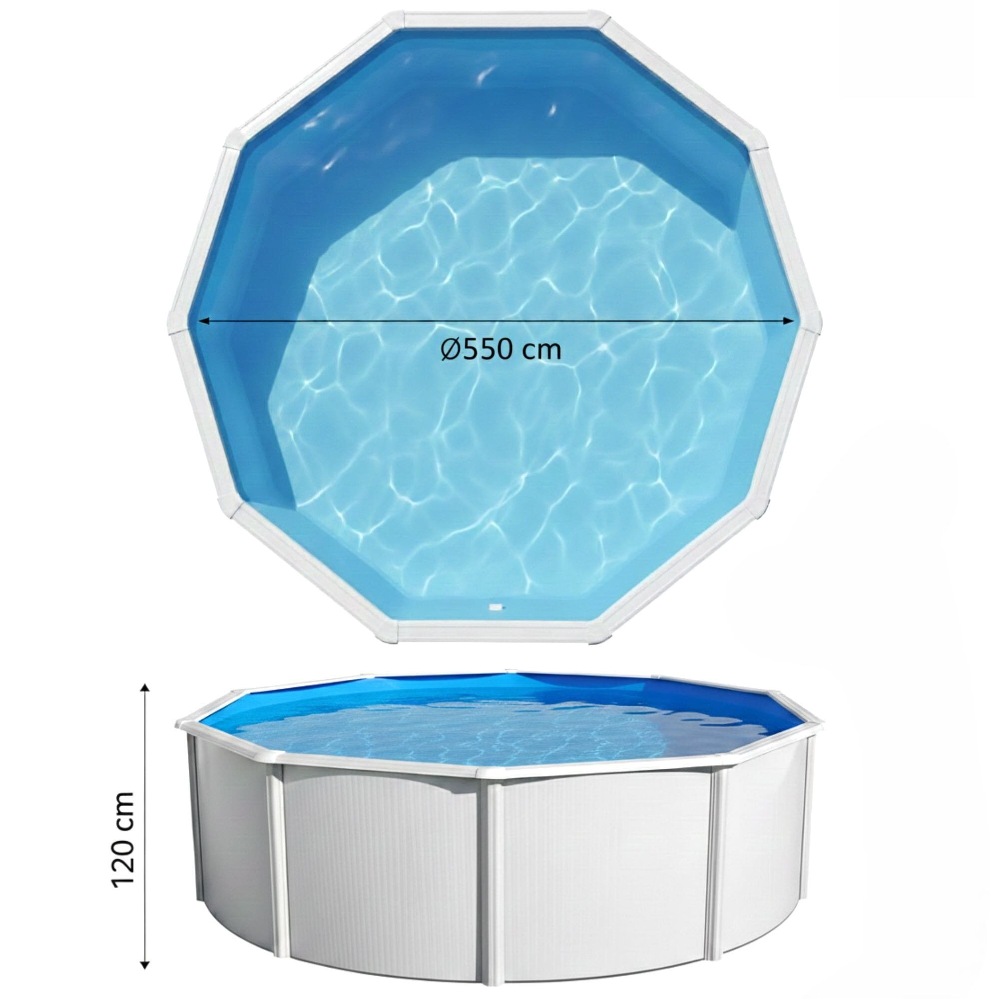 Una piscina octogonal con borde blanco y agua azul.