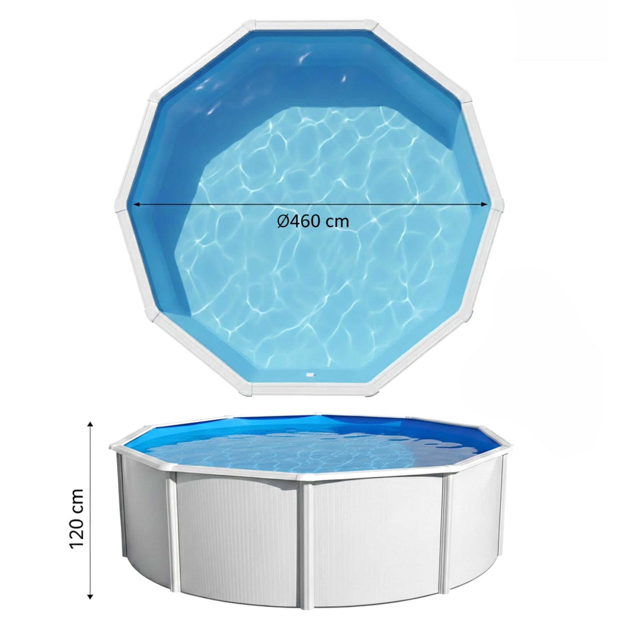 Una piscina octogonal para exteriores de 460 cm de diámetro y 120 cm de altura.