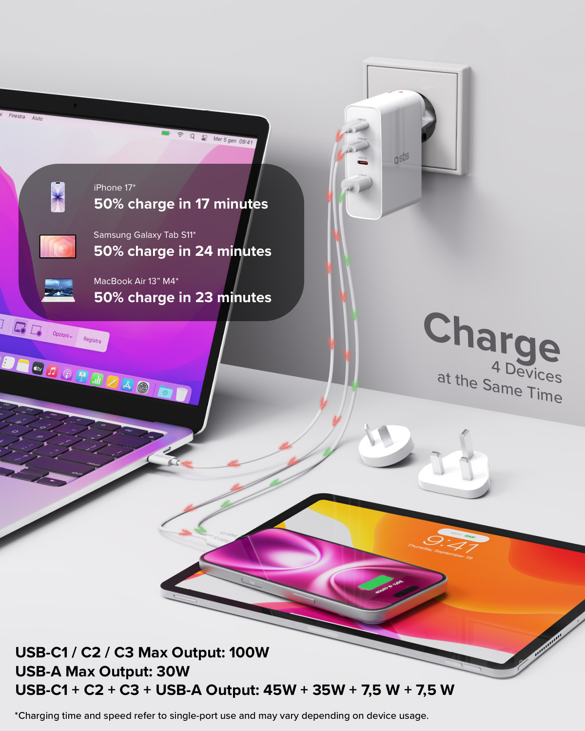 Un cargador blanco de 4 puertos carga un MacBook, iPhone y tableta a la vez.