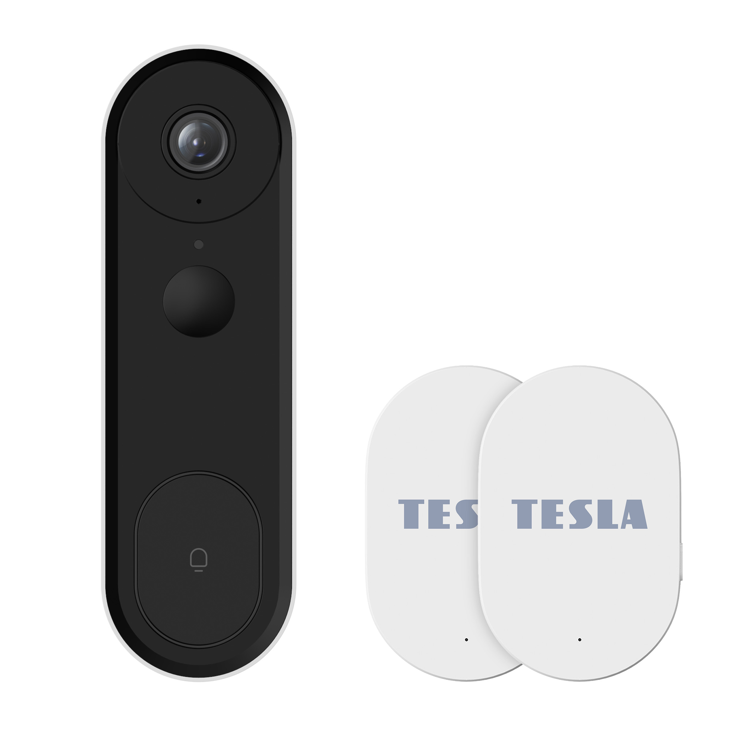 Un campanello nero con telecamera e due adesivi bianchi Tesla.