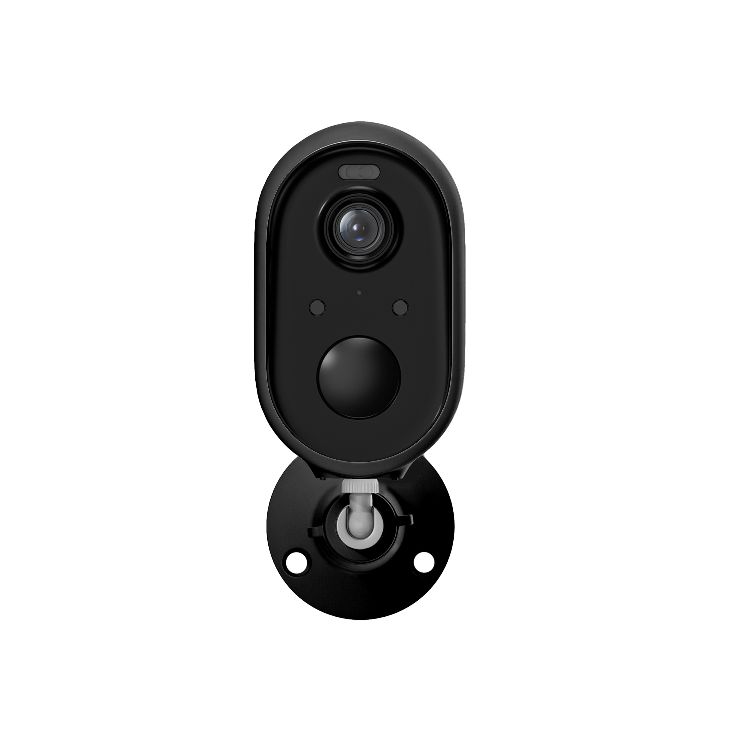 Una telecamera di sicurezza nera con obiettivo e staffa.