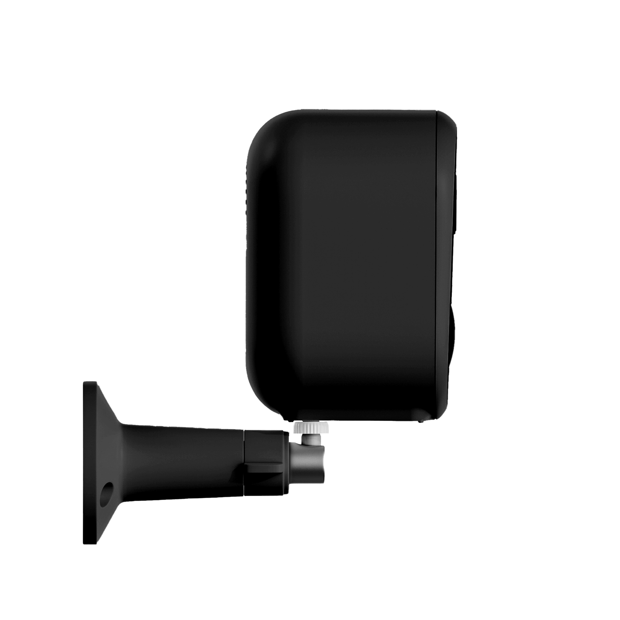 Telecamera di sicurezza nera con supporto a muro su sfondo bianco.