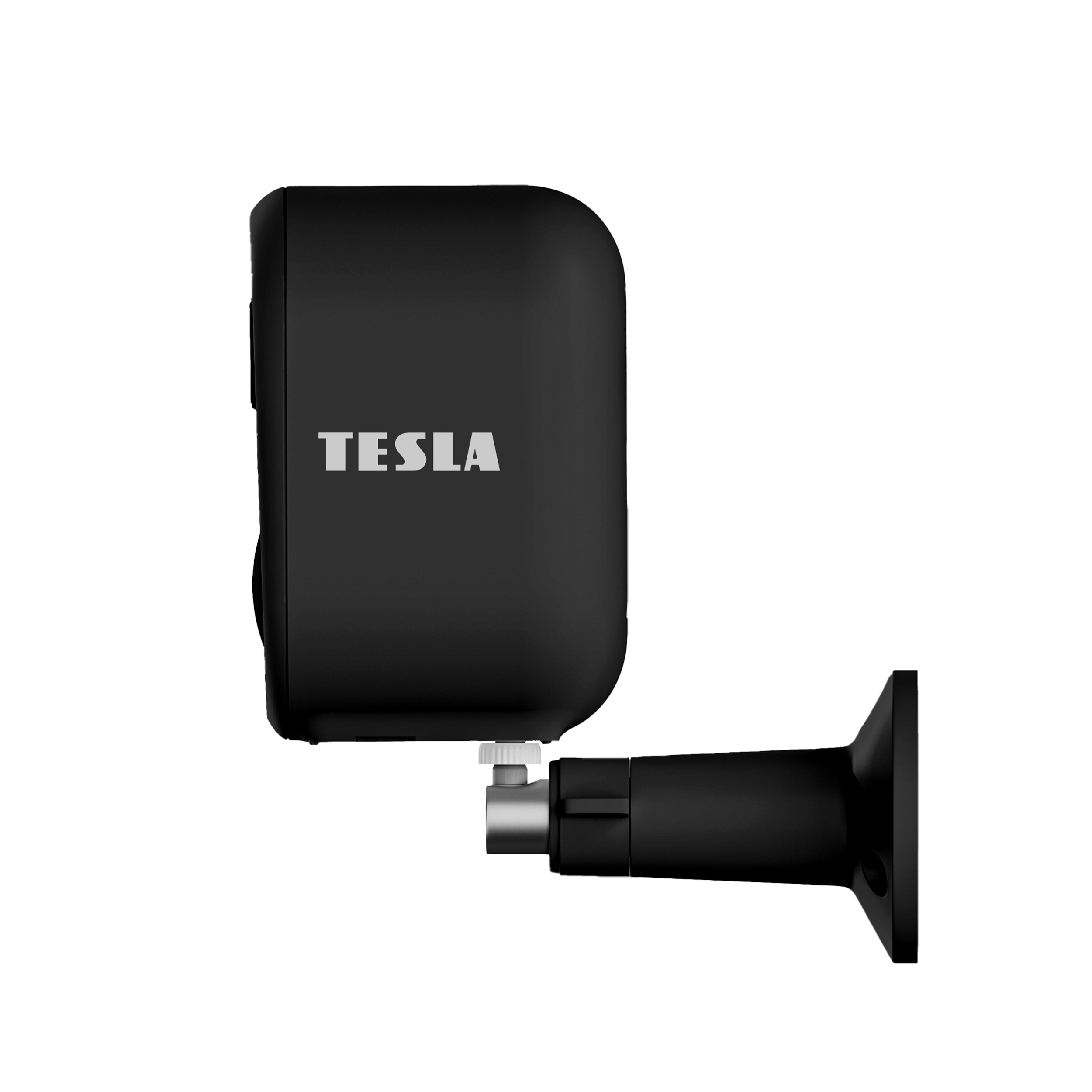 Telecamera TESLA nera con supporto a muro, isolata su sfondo bianco.