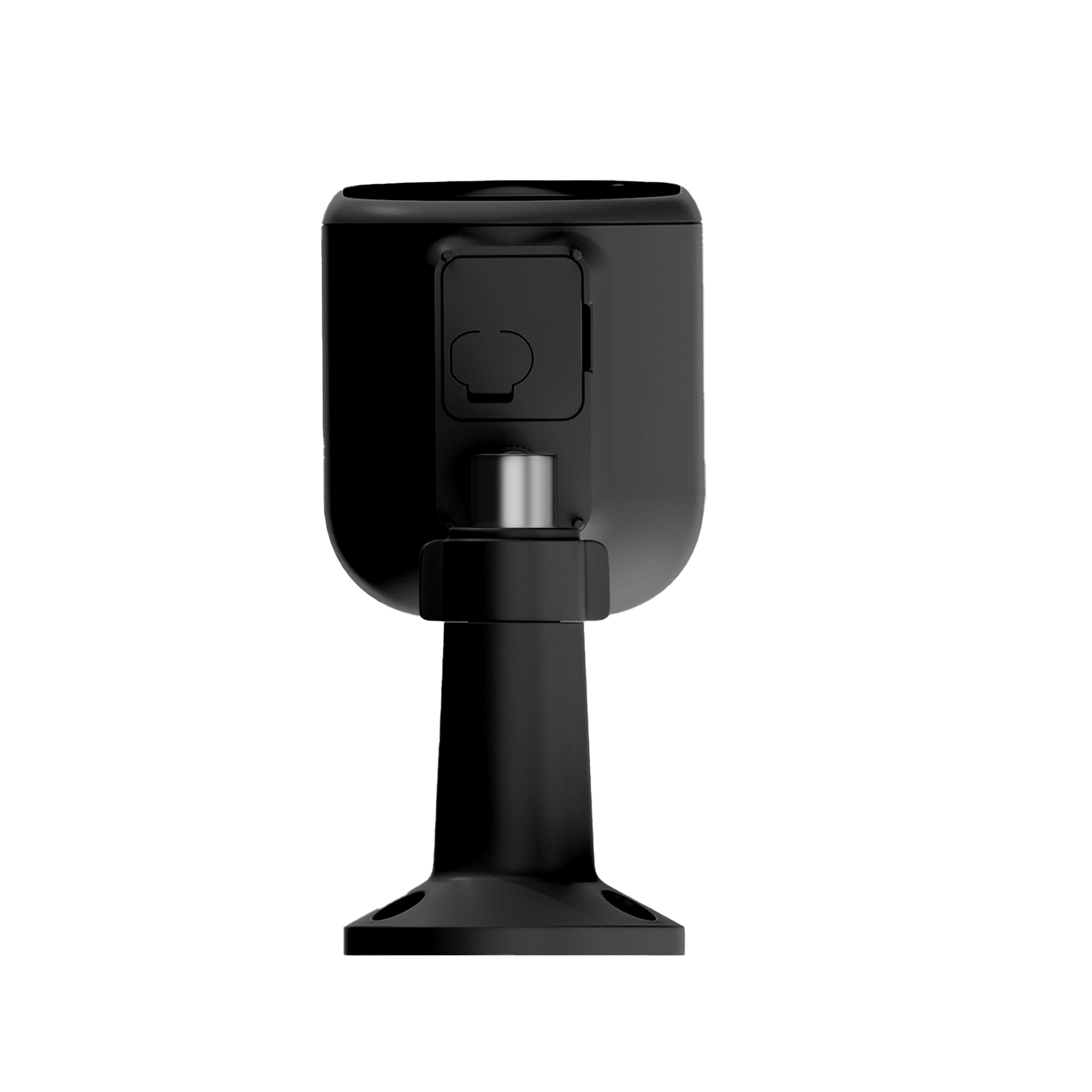 Telecamera di sicurezza nera su supporto, vista posteriore.