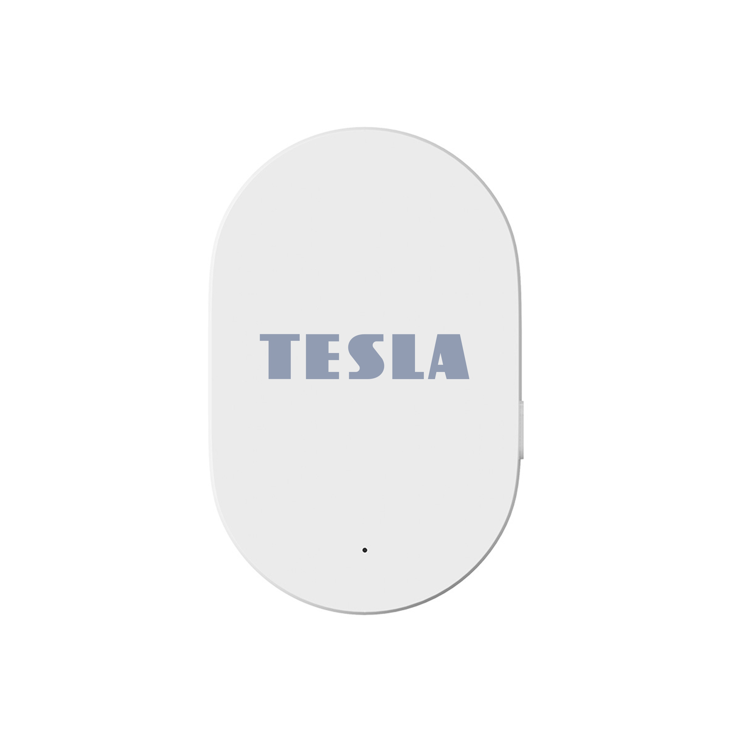 Un dispositivo bianco e ovale con il logo Tesla grigio.