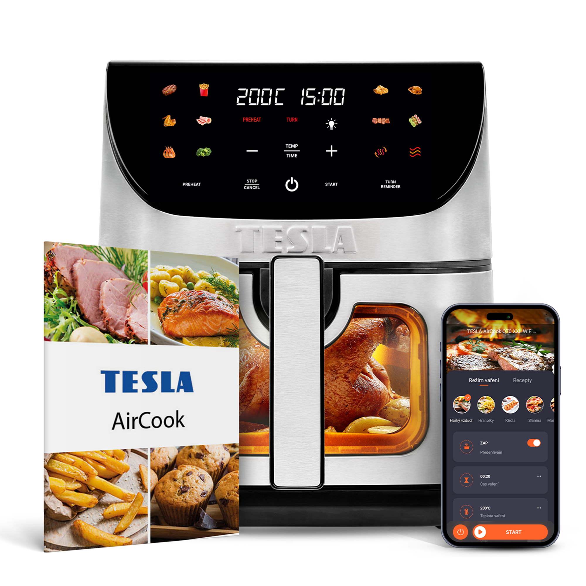 Un Tesla AirCook argento con uno smartphone e una brochure accanto.