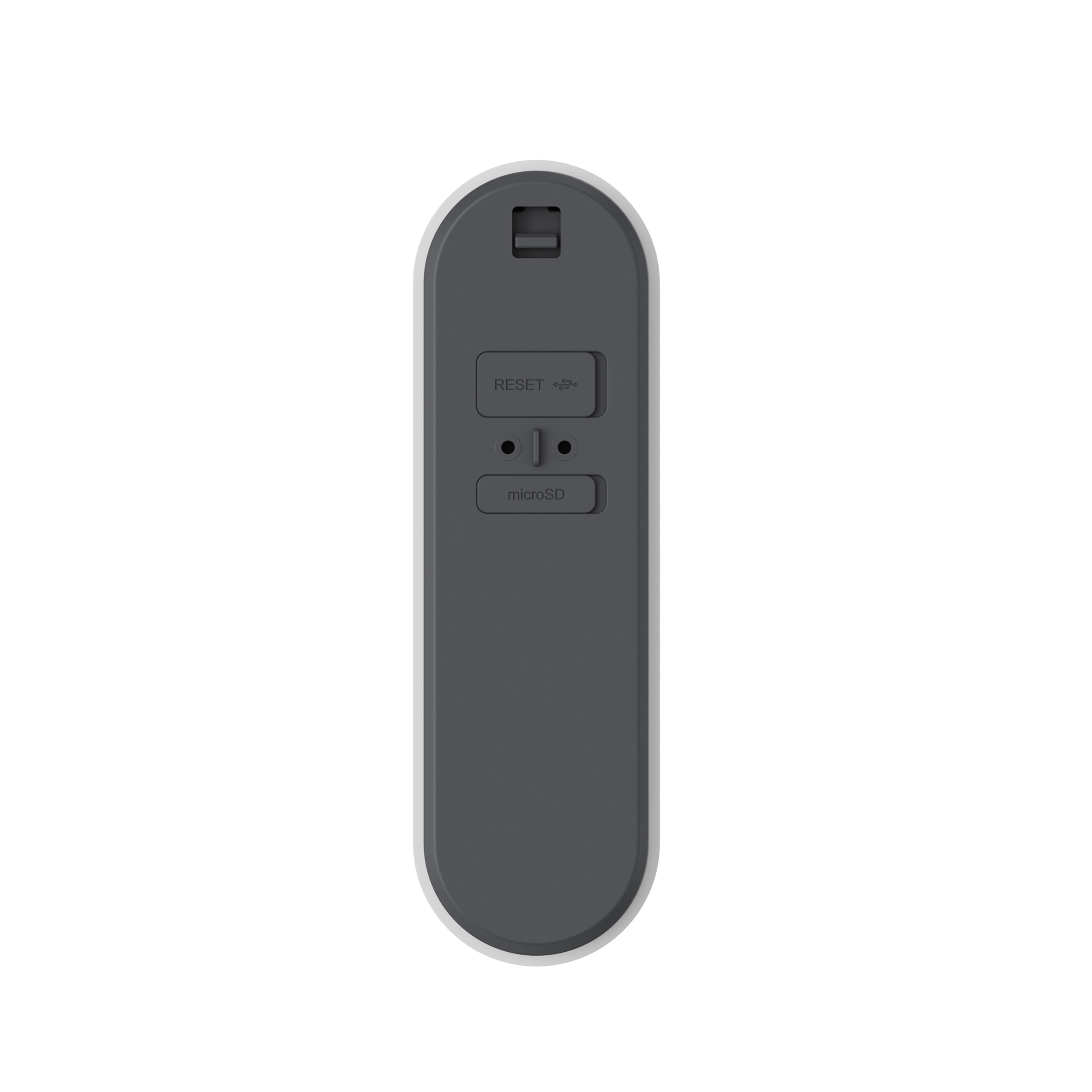 Un dispositivo grigio con pulsanti di reset e microSD.