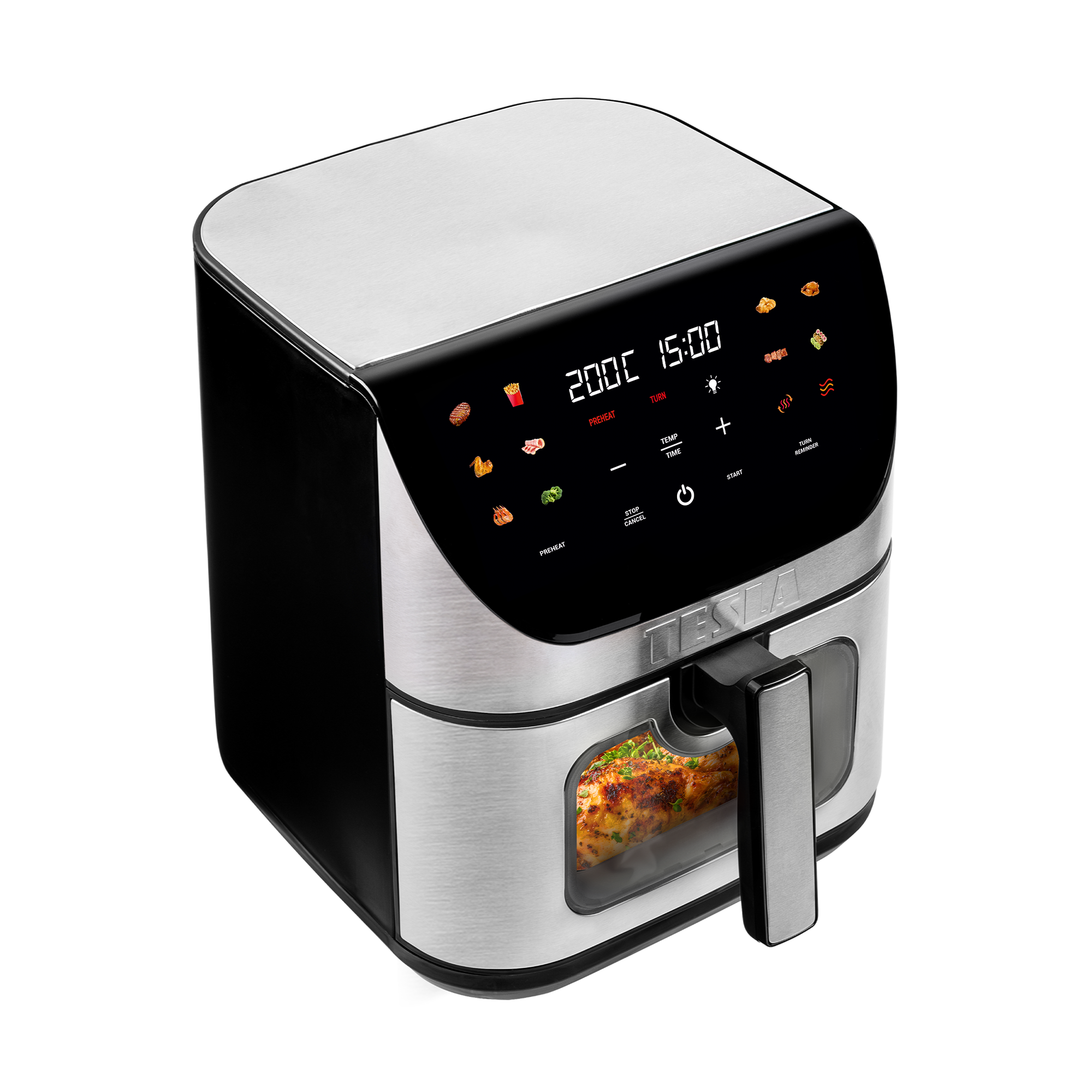 Una friggitrice ad aria Tesla nera e argento con display digitale e pollo cotto all'interno.