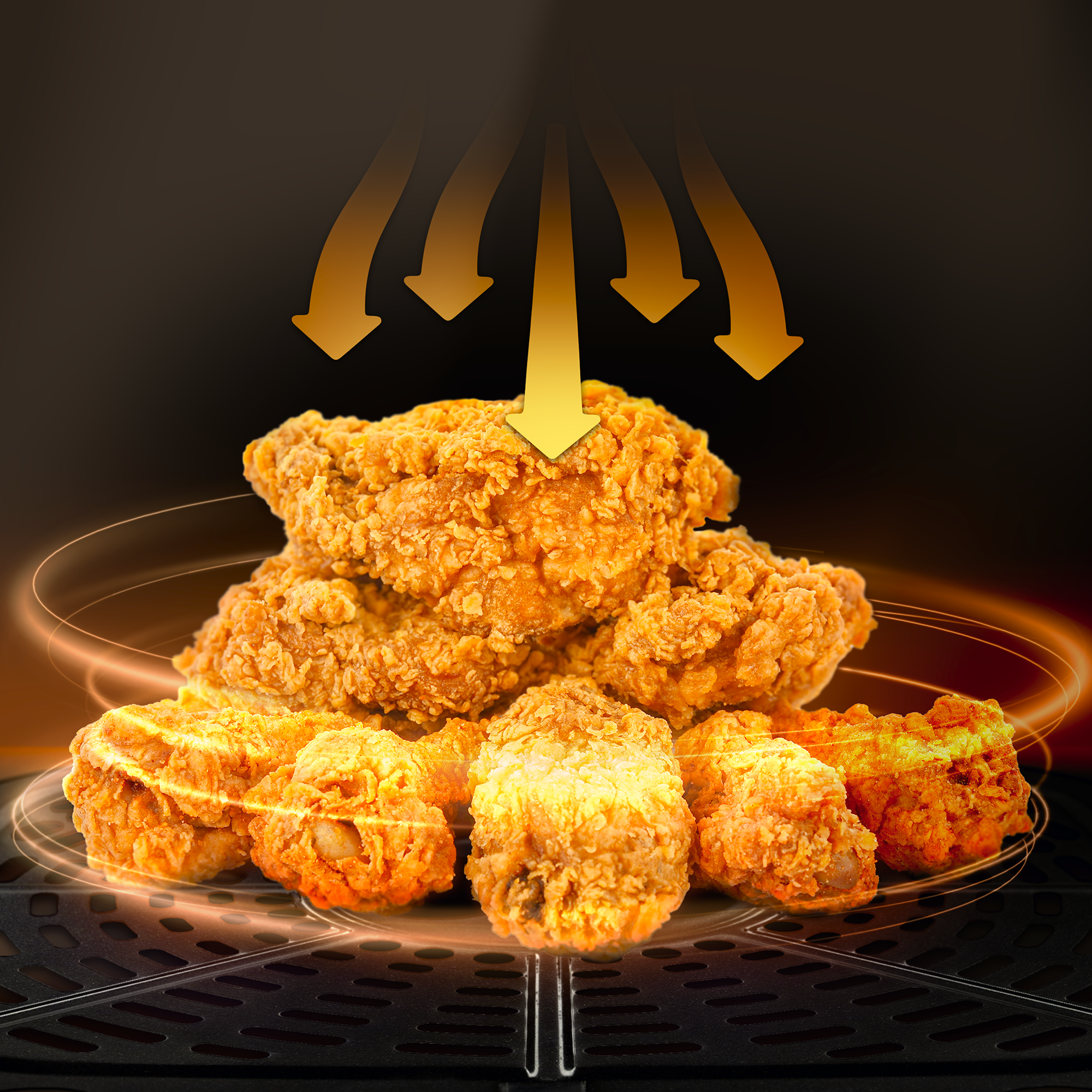 Cestello friggitrice ad aria con pollo fritto croccante e frecce di calore.