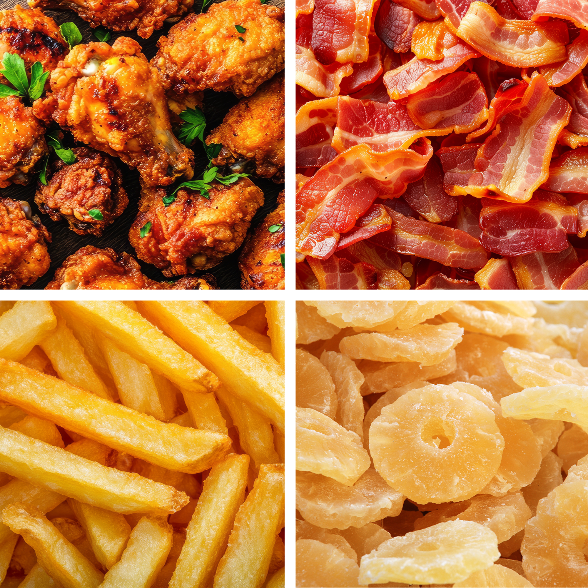 Quattro immagini: Ali di pollo fritte, pancetta, patatine fritte e anelli di ananas secchi.