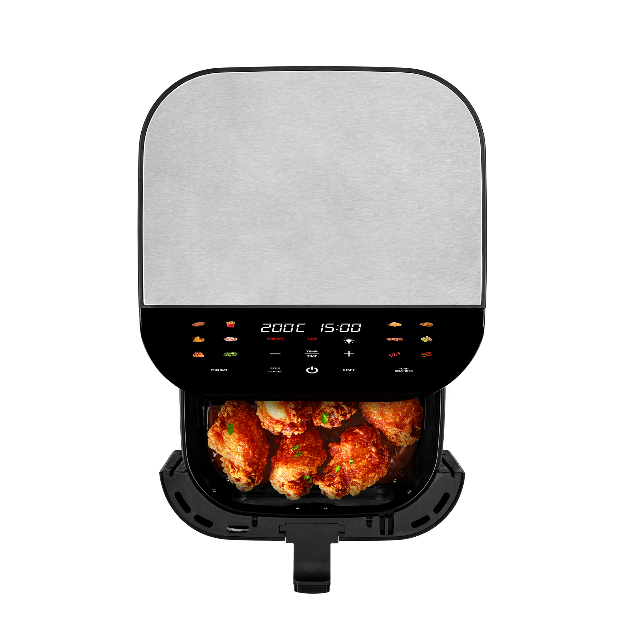 Una friggitrice ad aria con pezzi di pollo fritto nel cestello e display digitale.