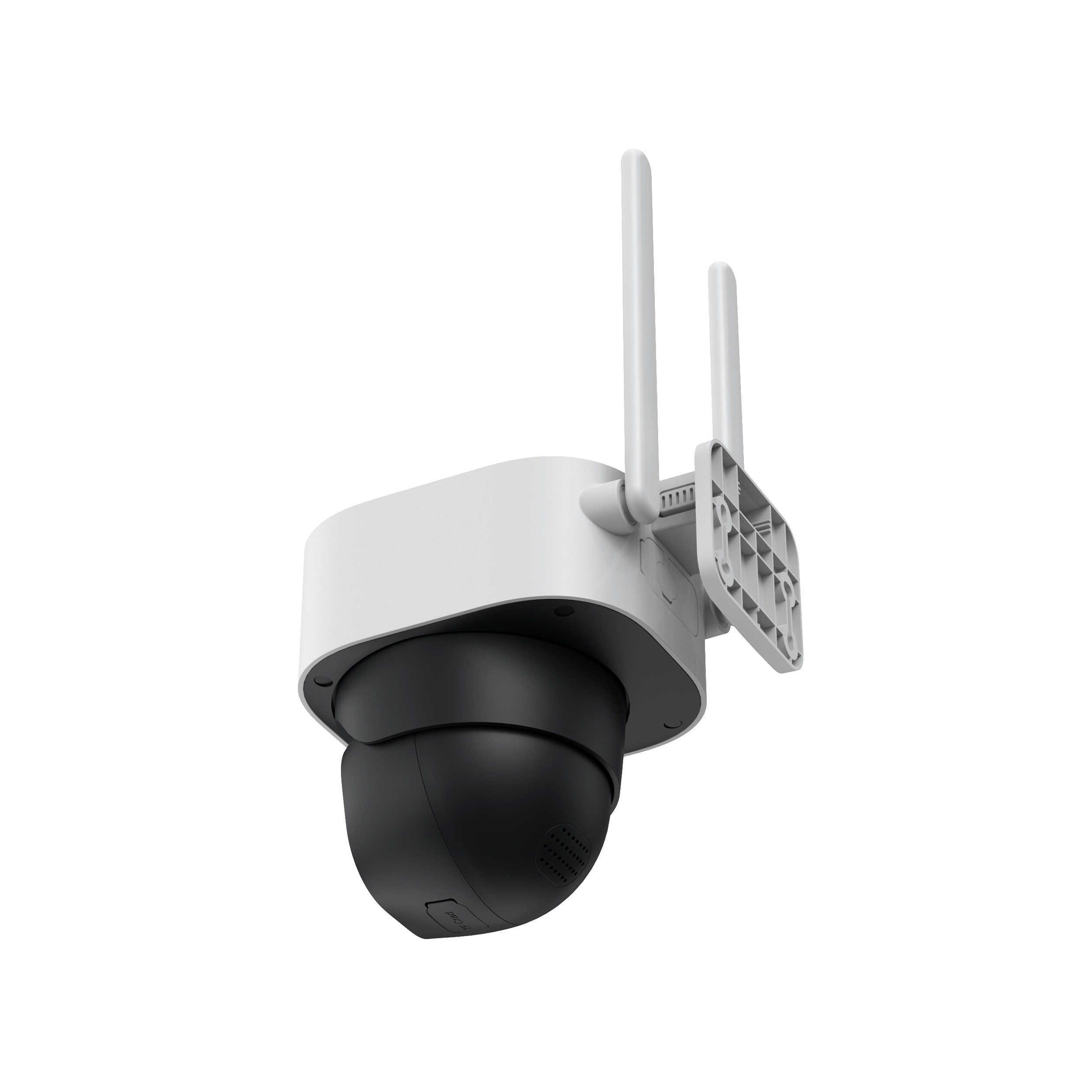 Una telecamera di sicurezza bianca con sfera nera, due antenne e supporto a muro.