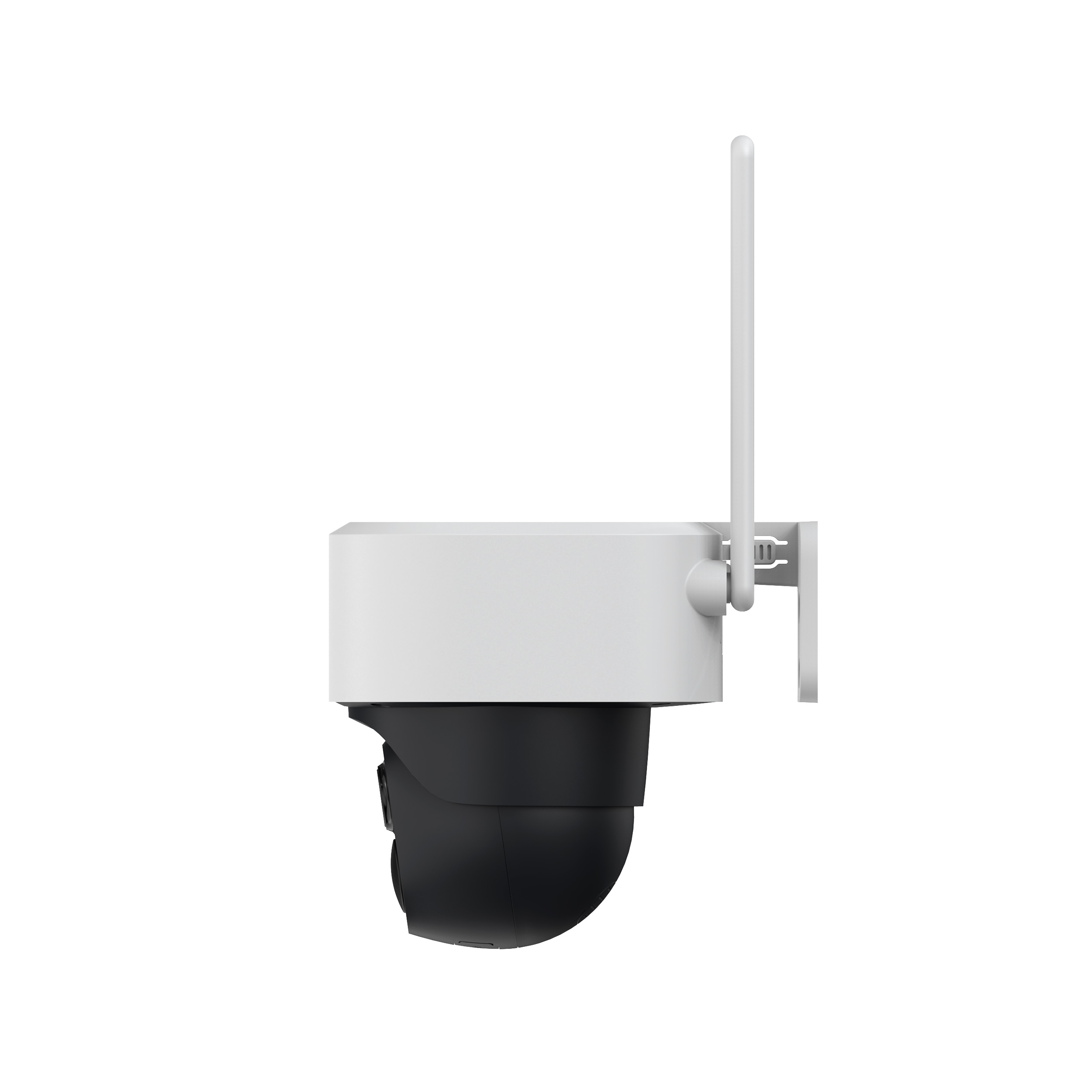 Telecamera di sicurezza bianca e nera con antenna, vista laterale.