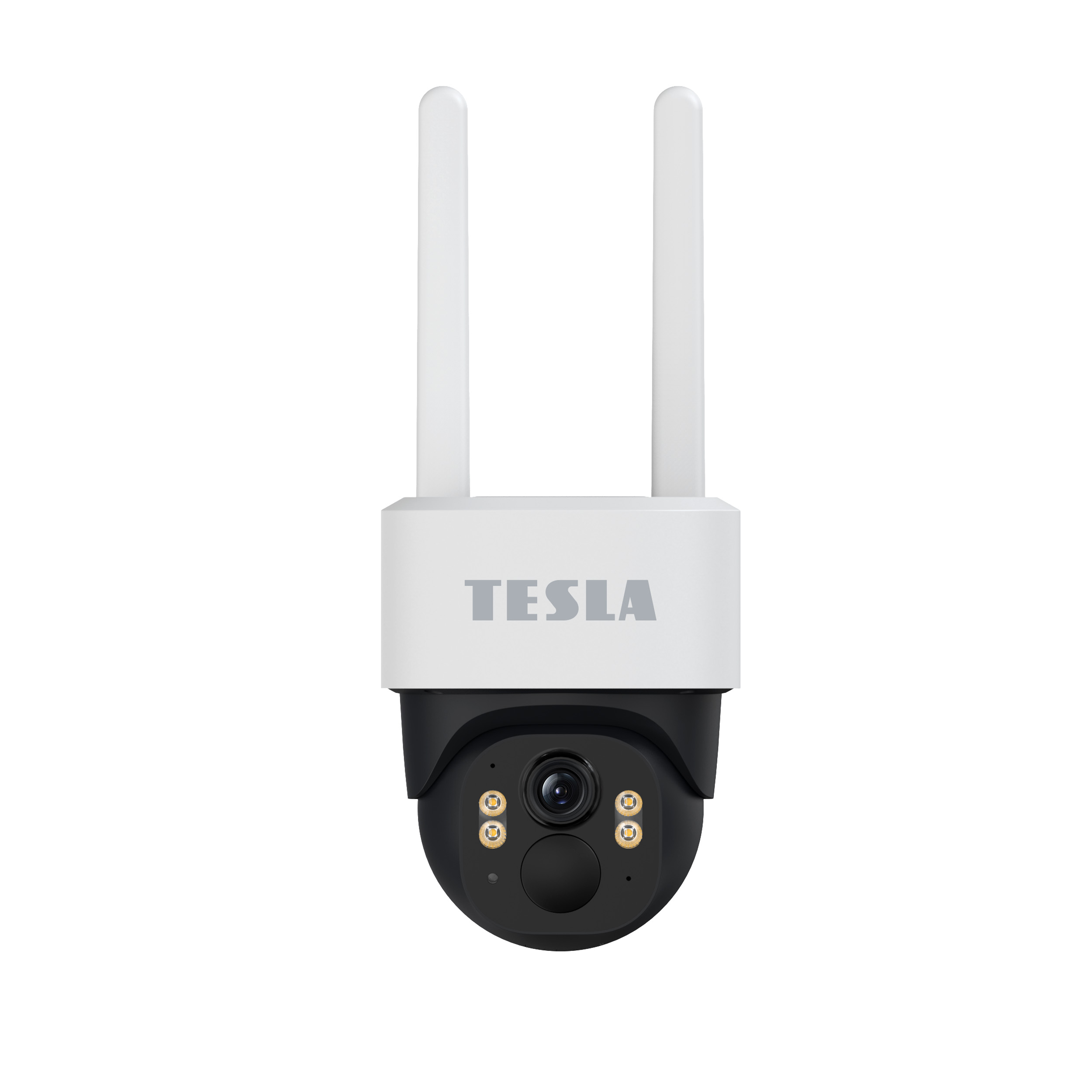 Telecamera di sicurezza Tesla bianca con due antenne e alloggiamento nero.