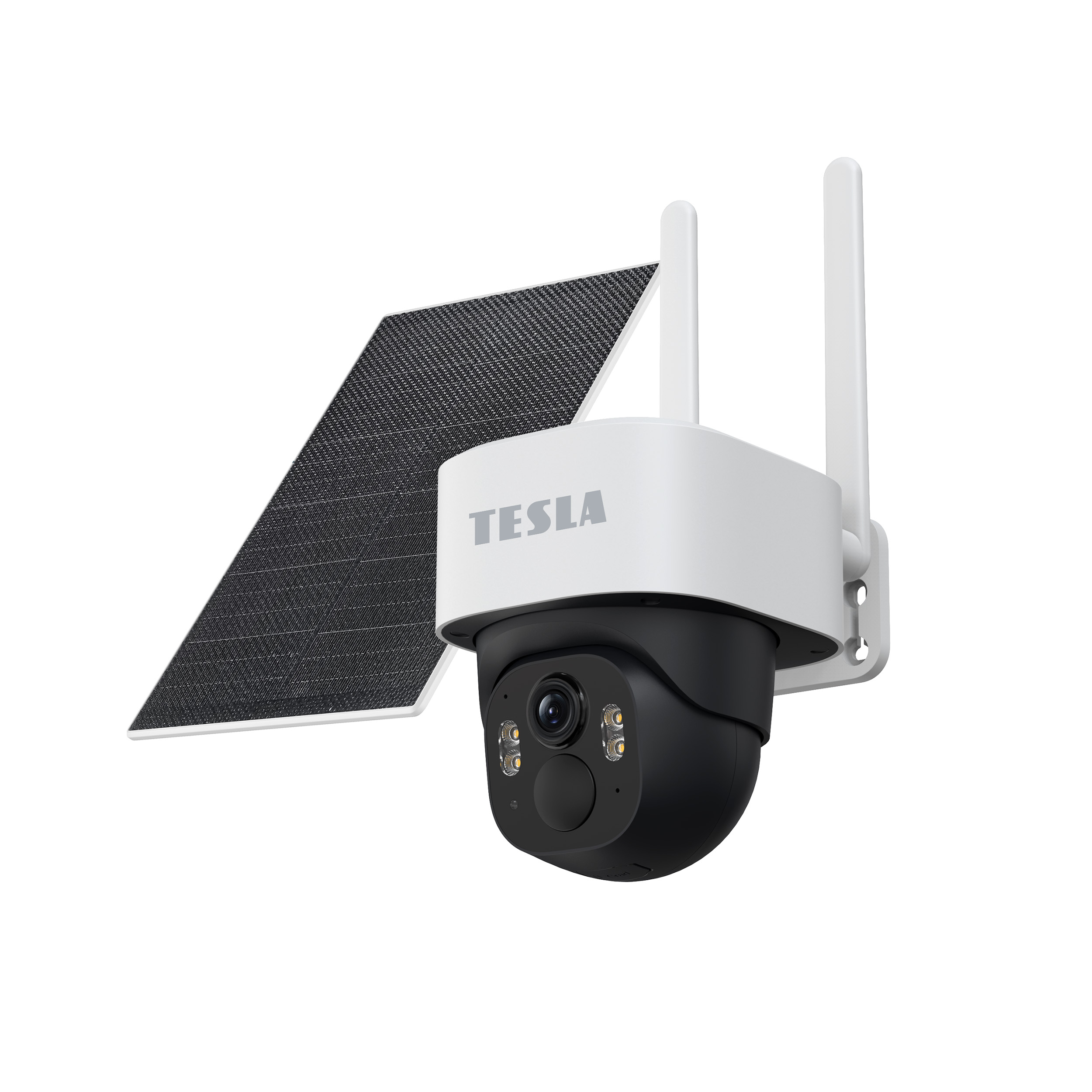 Telecamera di sicurezza bianca con pannello solare e antenne.