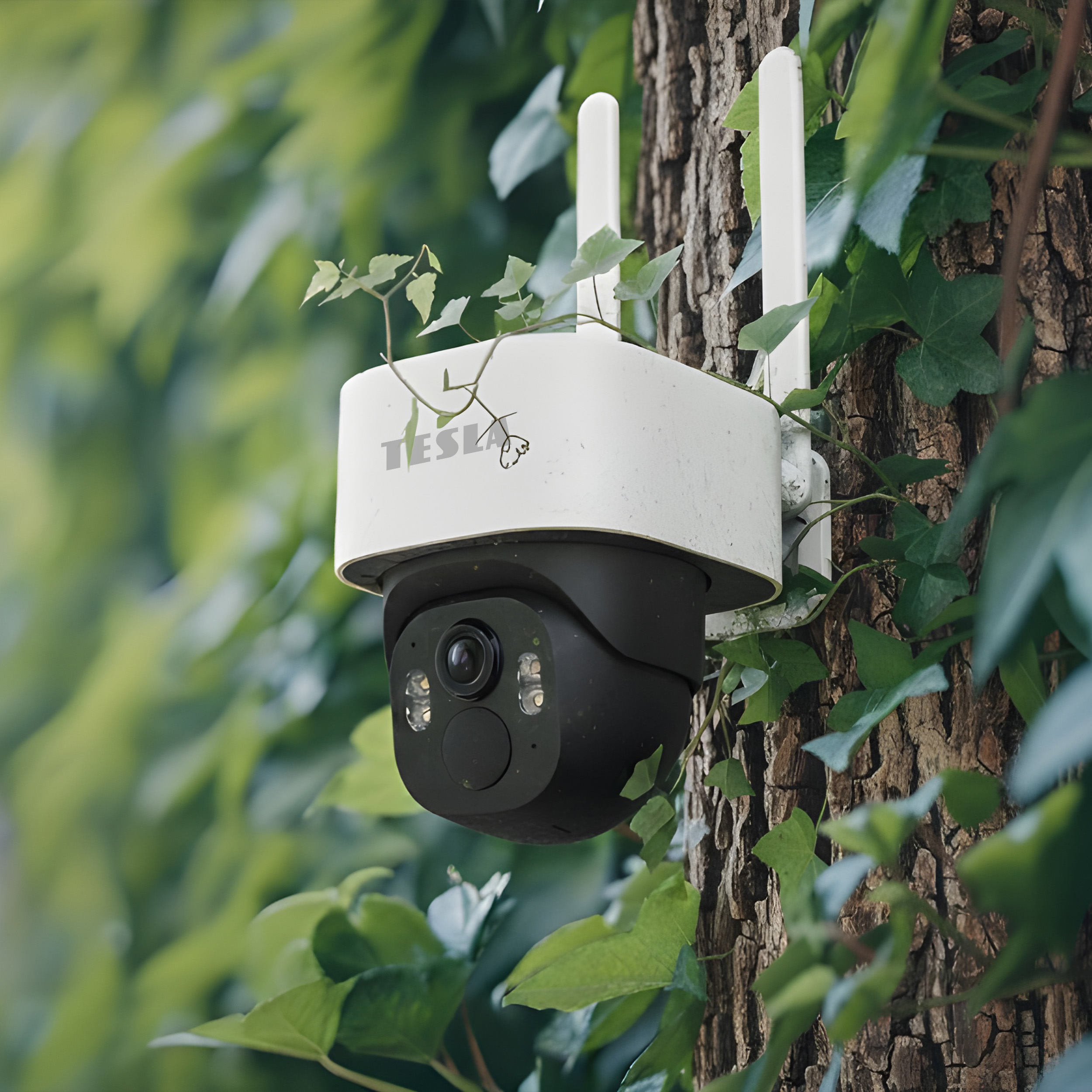Una telecamera di sicurezza bianca con due antenne è fissata a un tronco d'albero.