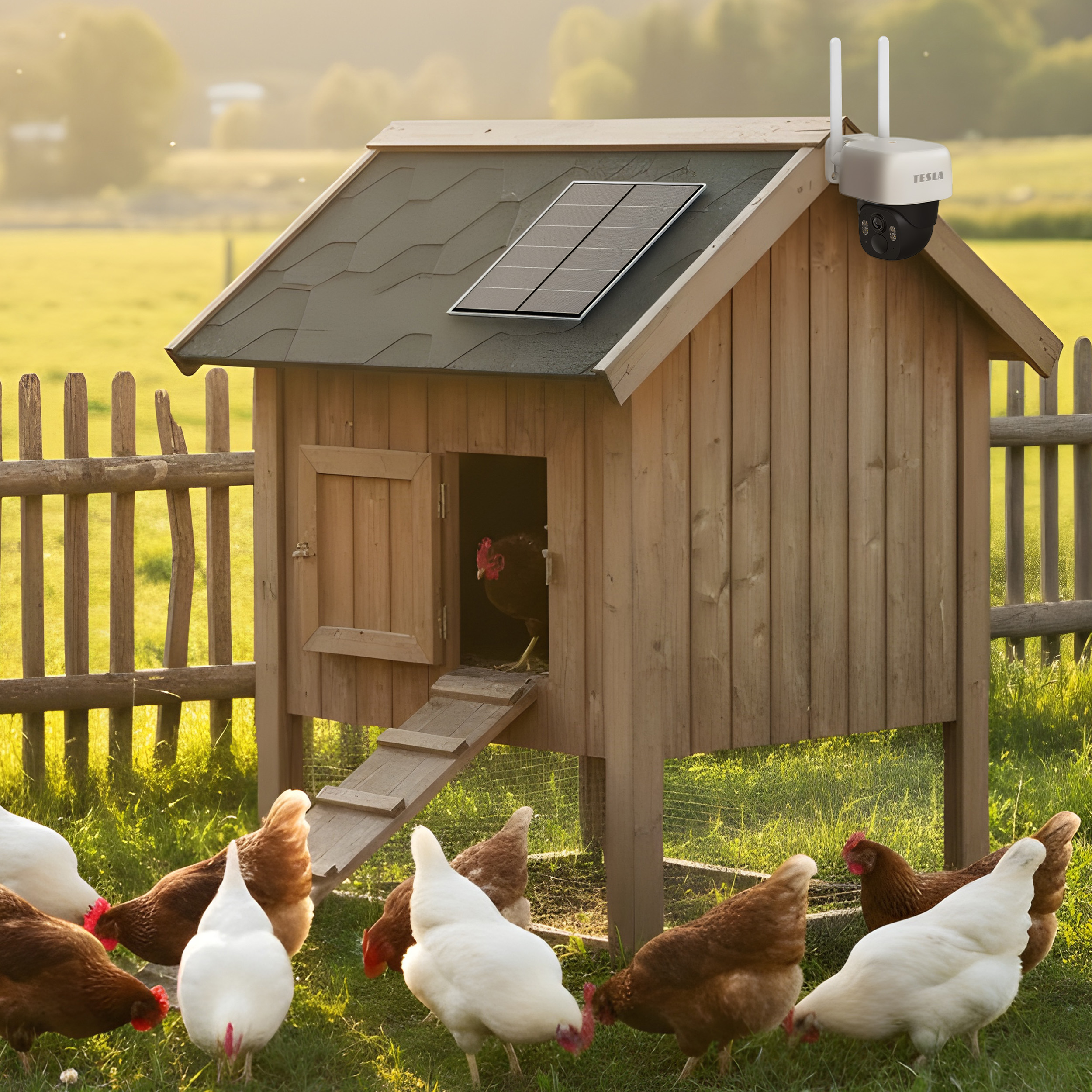Pollaio con pannello solare e telecamera, circondato da galline in un cortile.