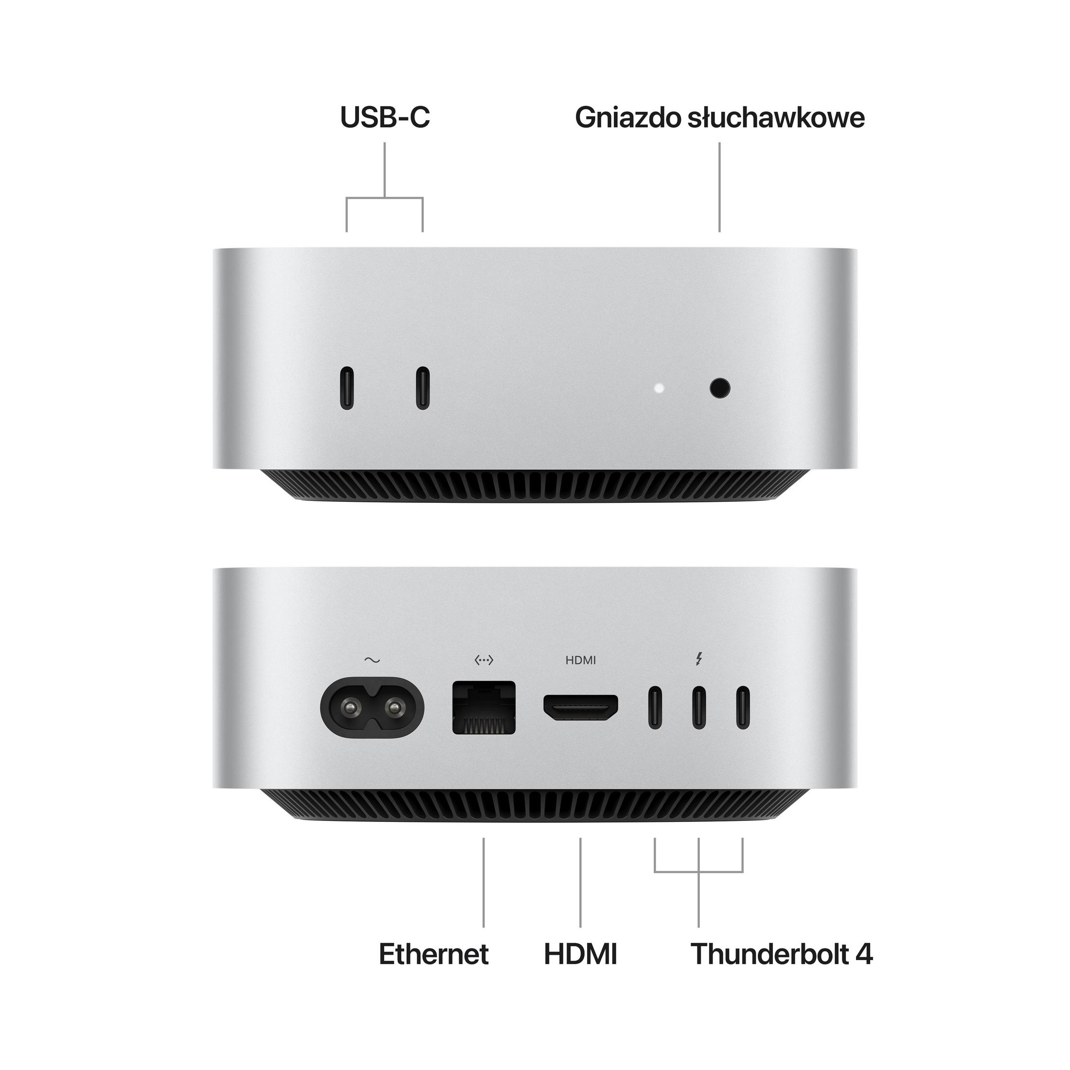 Computer argentato con porte: USB-C, cuffie, Ethernet, HDMI, Thunderbolt 4.