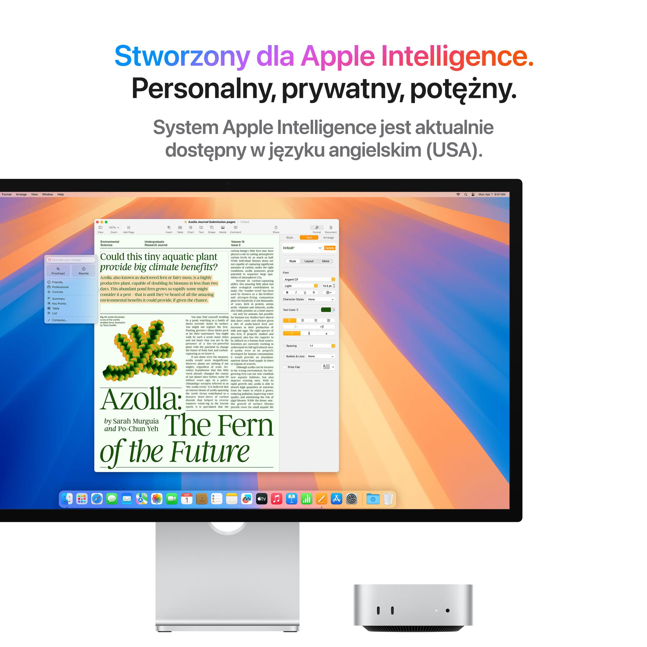 Un MacBook visualizza una pubblicazione su Azolla, con immagine della pianta e testo.