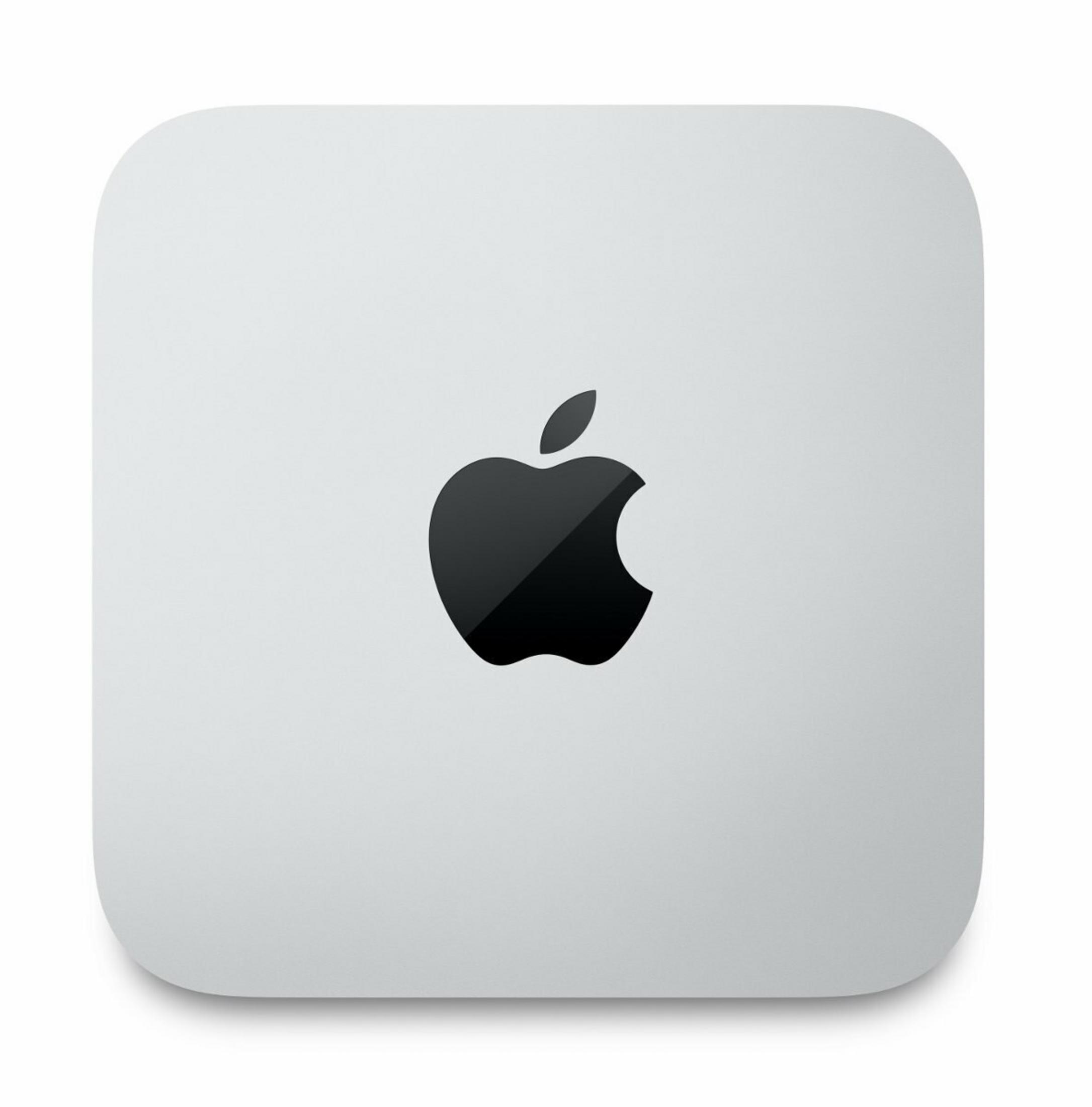 Srebrny Apple Mac Mini z czarnym logo Apple na górze.