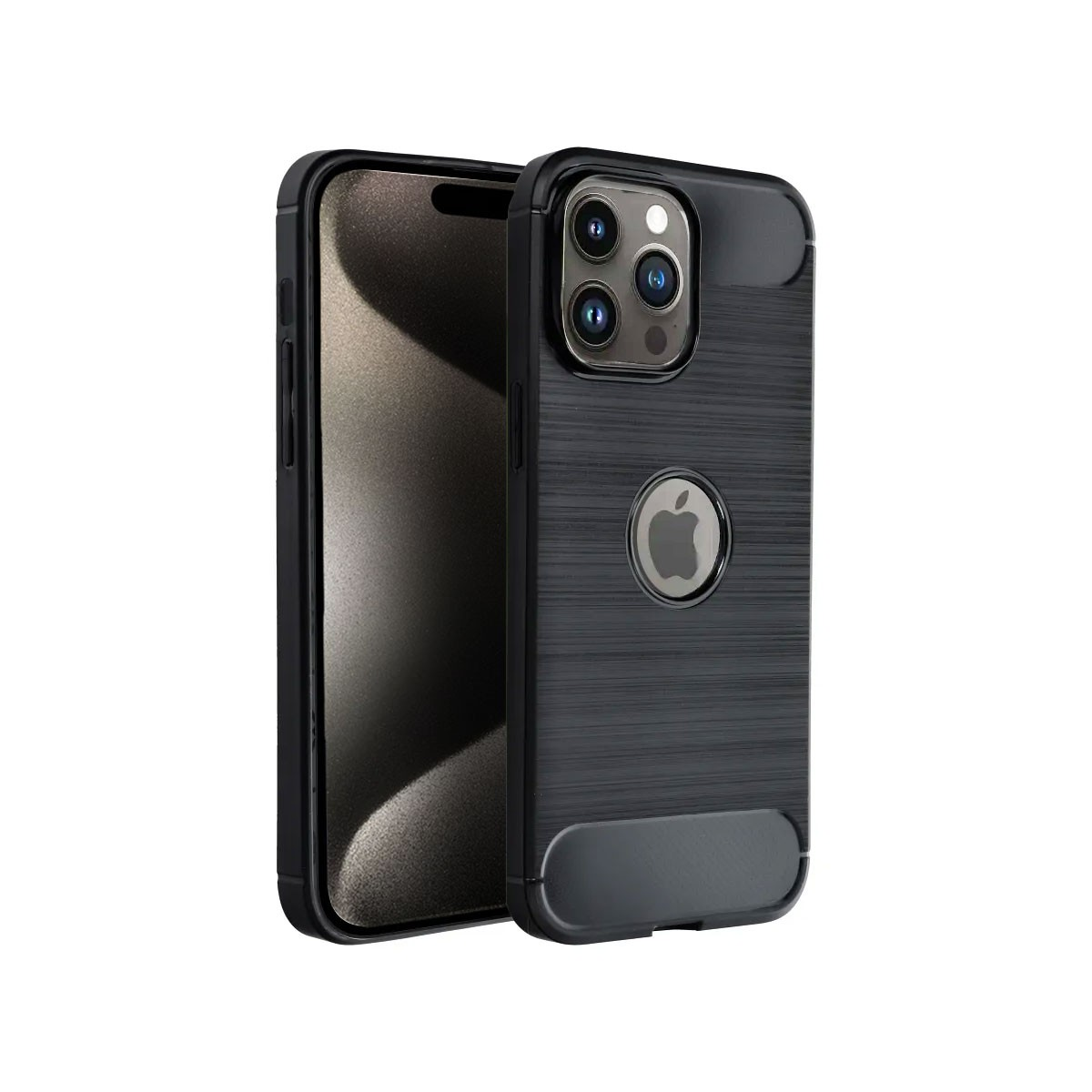 iPhone nero con custodia protettiva, array fotocamere e logo Apple.