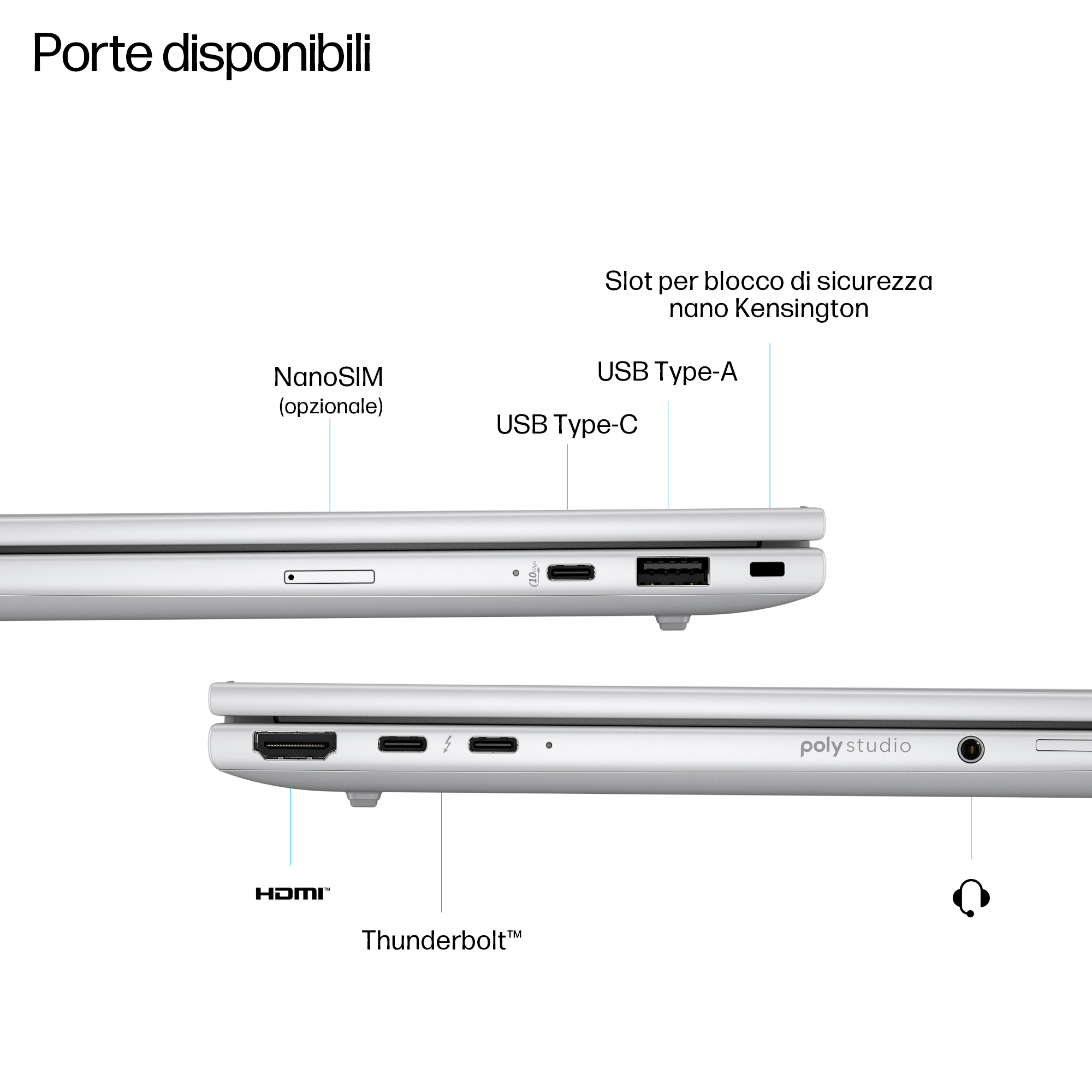 Laptop con porte: USB-C, USB-A, HDMI, Thunderbolt, jack cuffie.