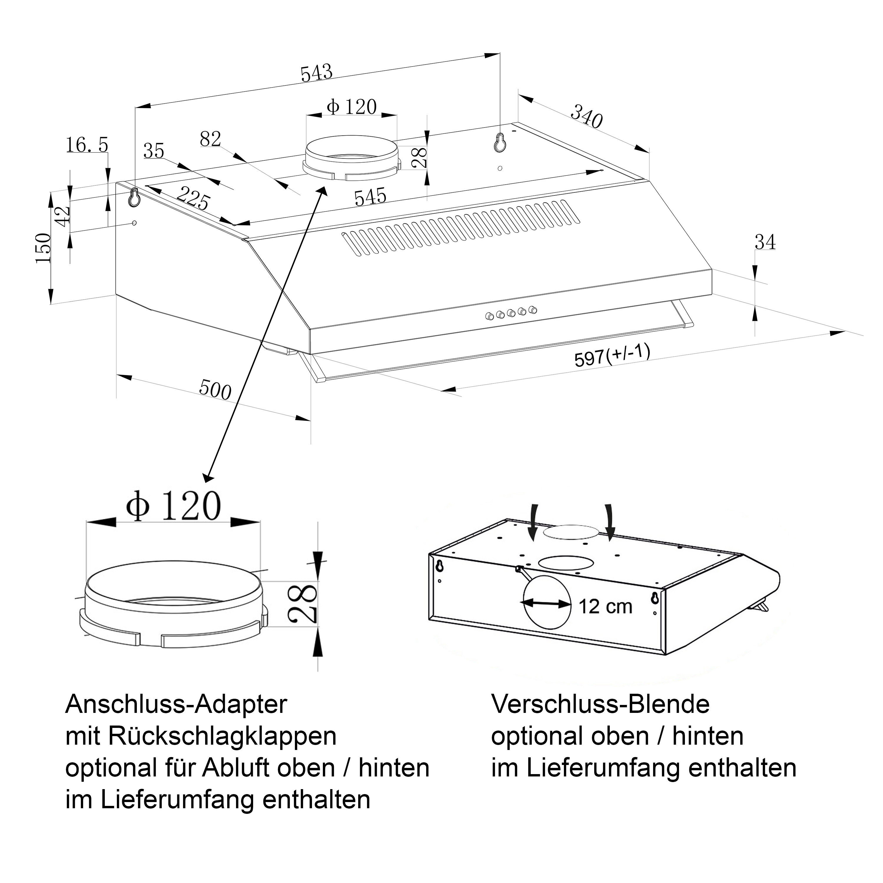 Technische Zeichnung einer Dunstabzugshaube mit Maßen und Zubehör.