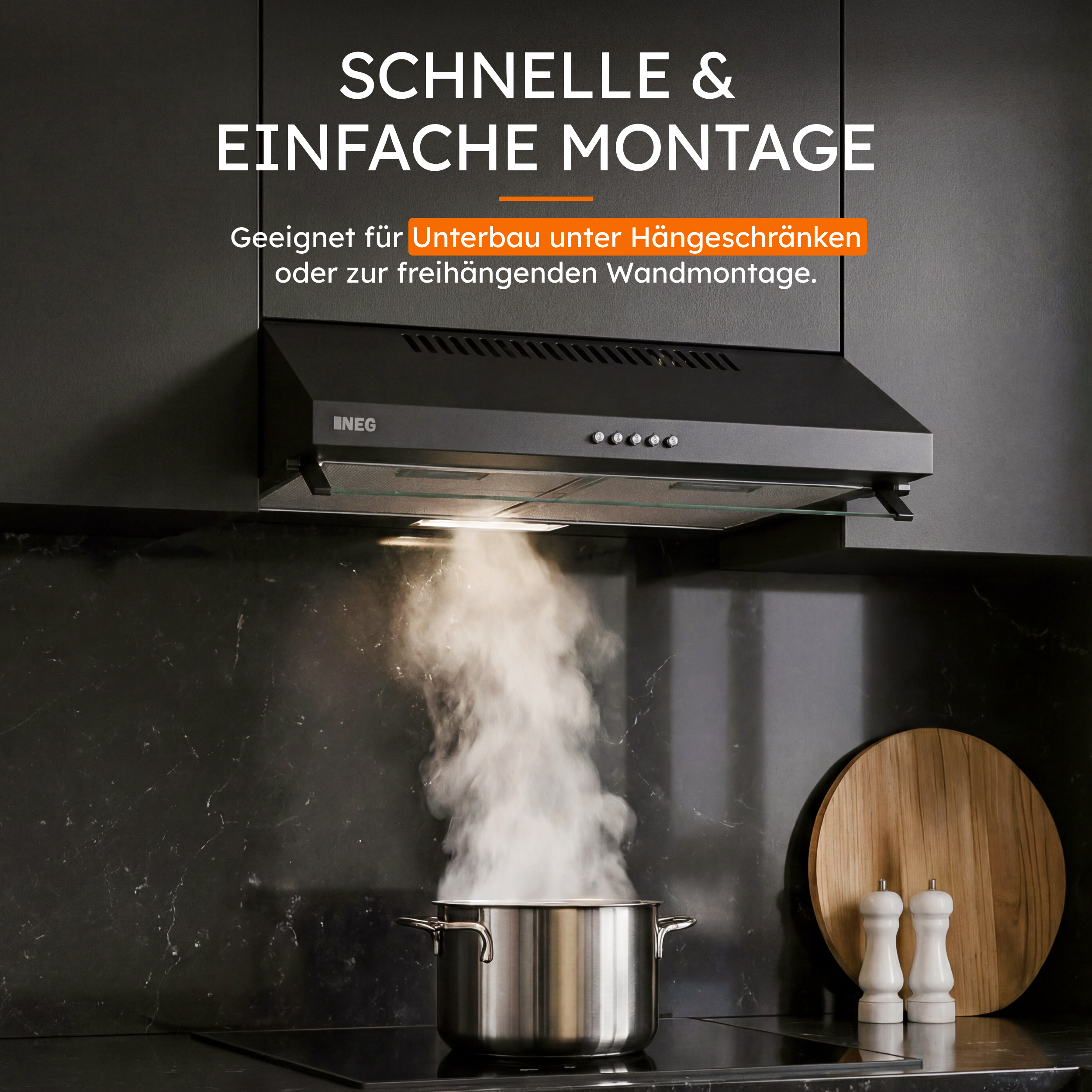 Dunstabzugshaube über kochendem Topf, mit Text 'Schnelle & einfache Montage'.