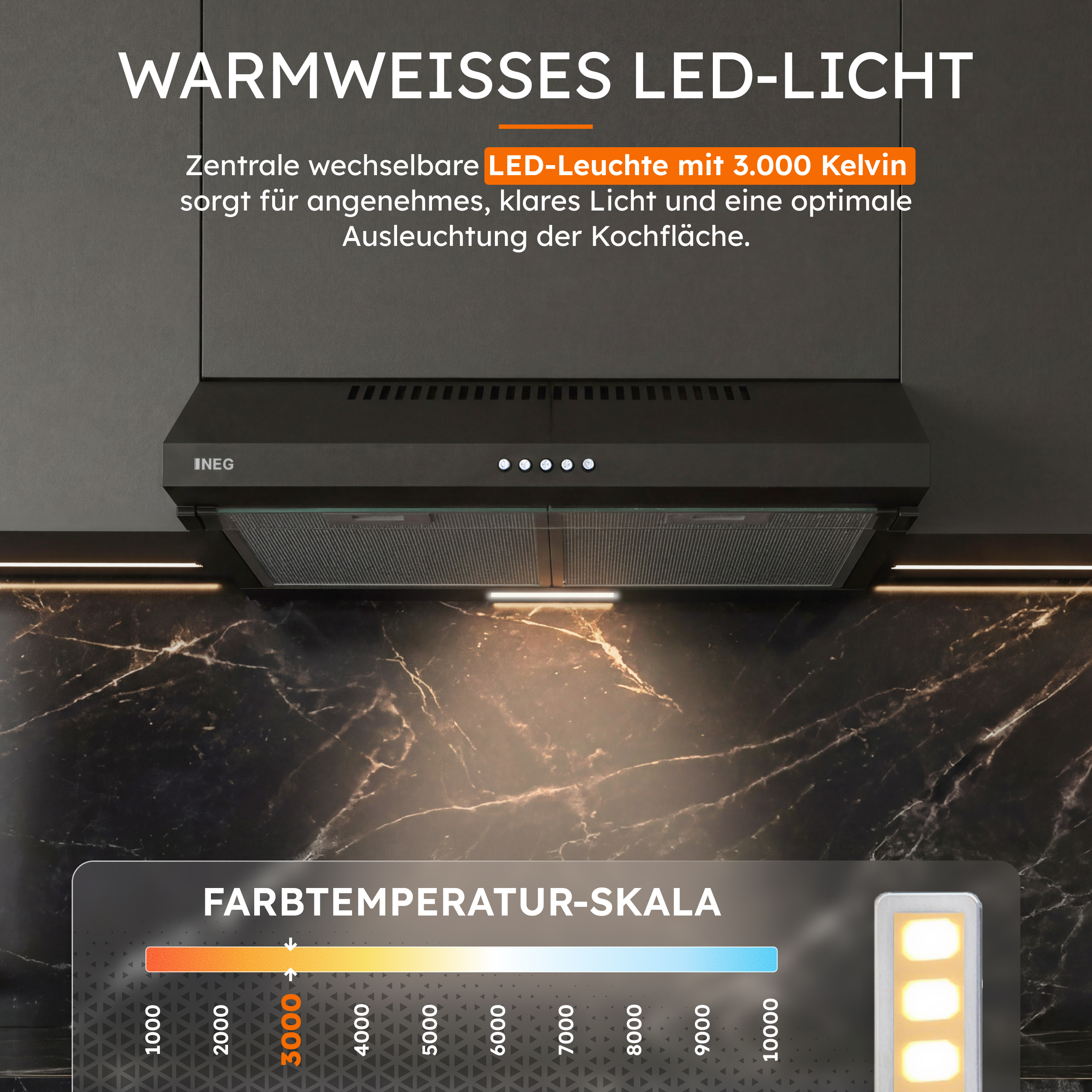 Dunstabzugshaube mit warmer LED-Beleuchtung und Farbtemperaturskala.