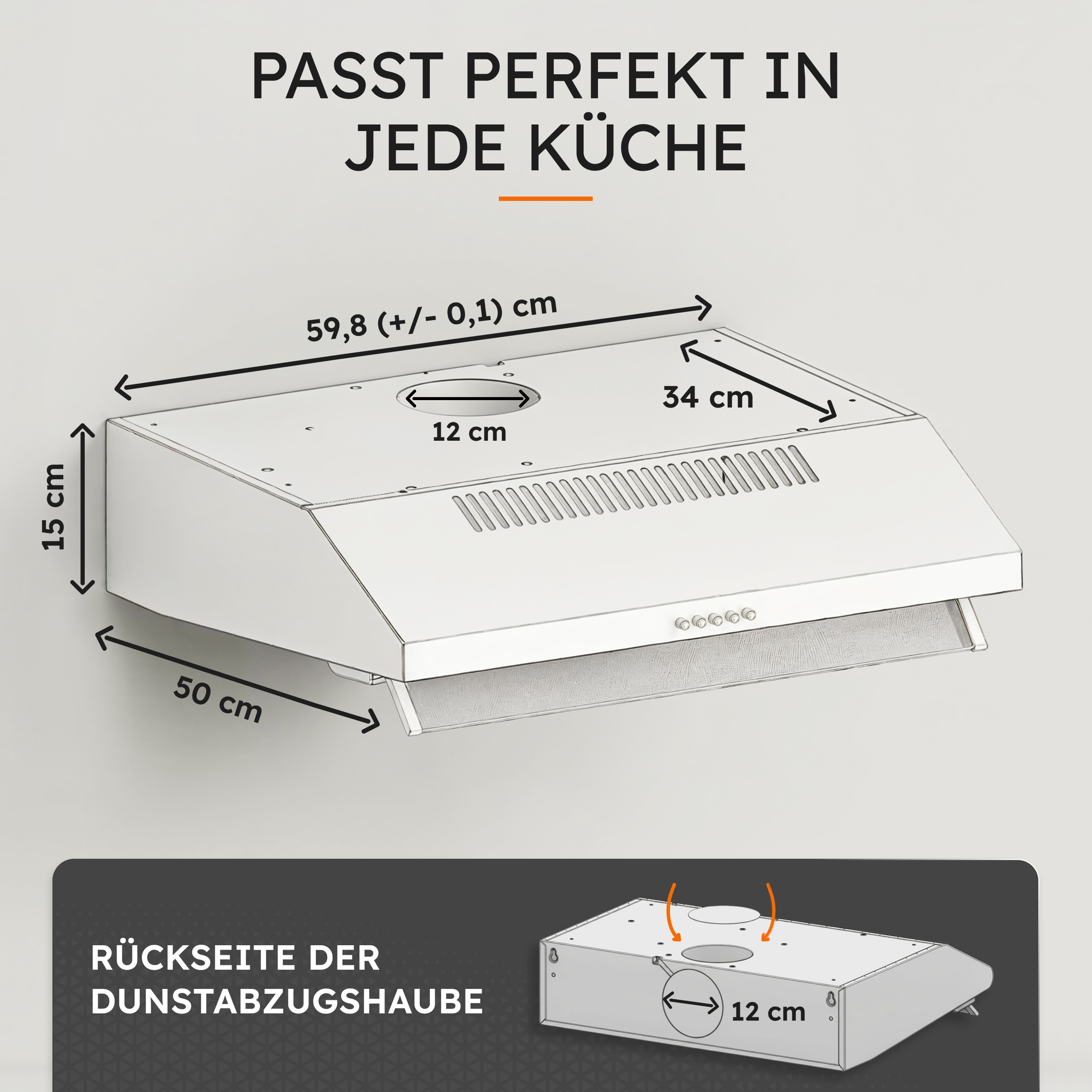 Eine weiße Dunstabzugshaube mit Maßen: 59,8 cm breit, 34 cm tief, 15 cm hoch.