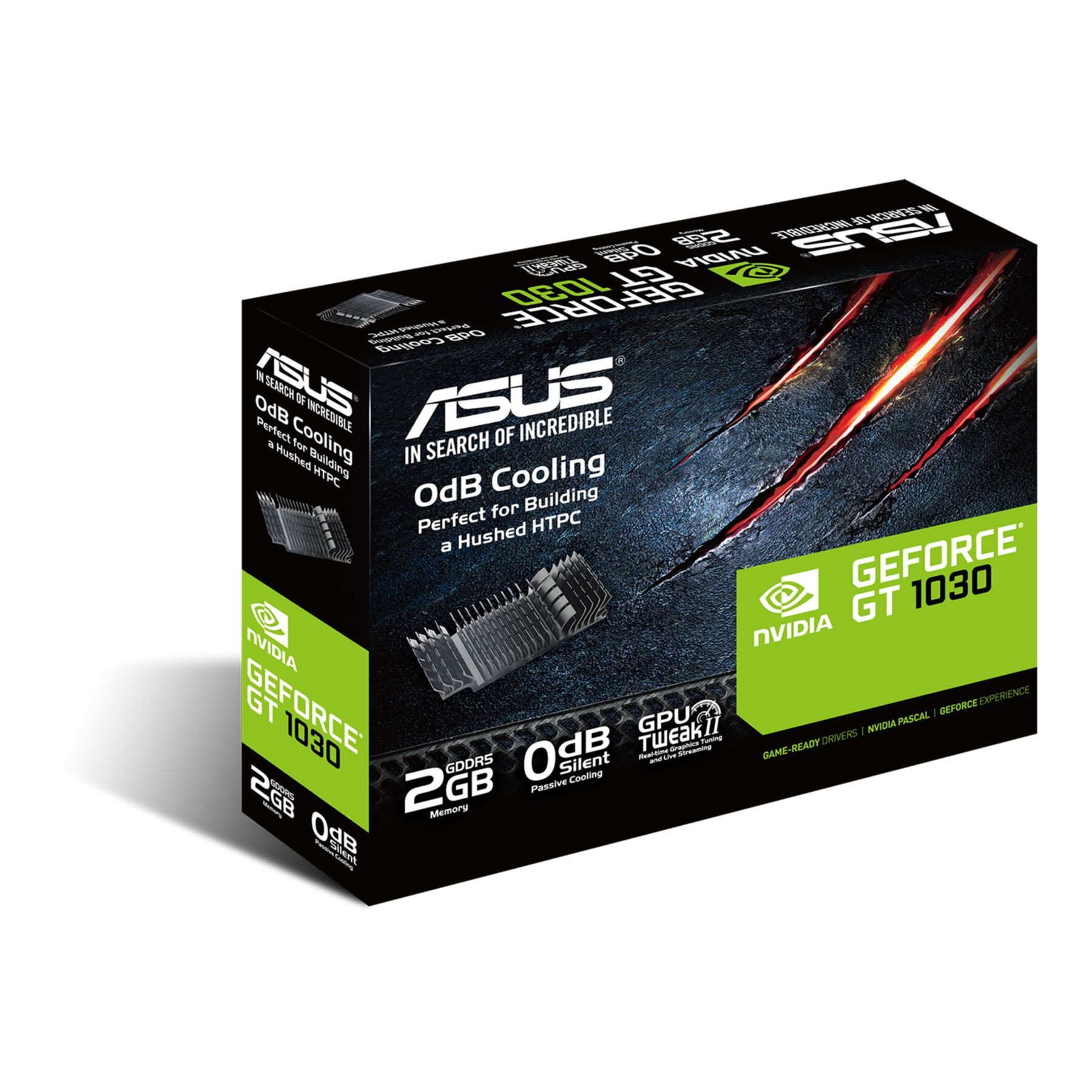 Pudełko karty graficznej ASUS GeForce GT 1030, z srebrnym radiatorem i zielonym napisem.